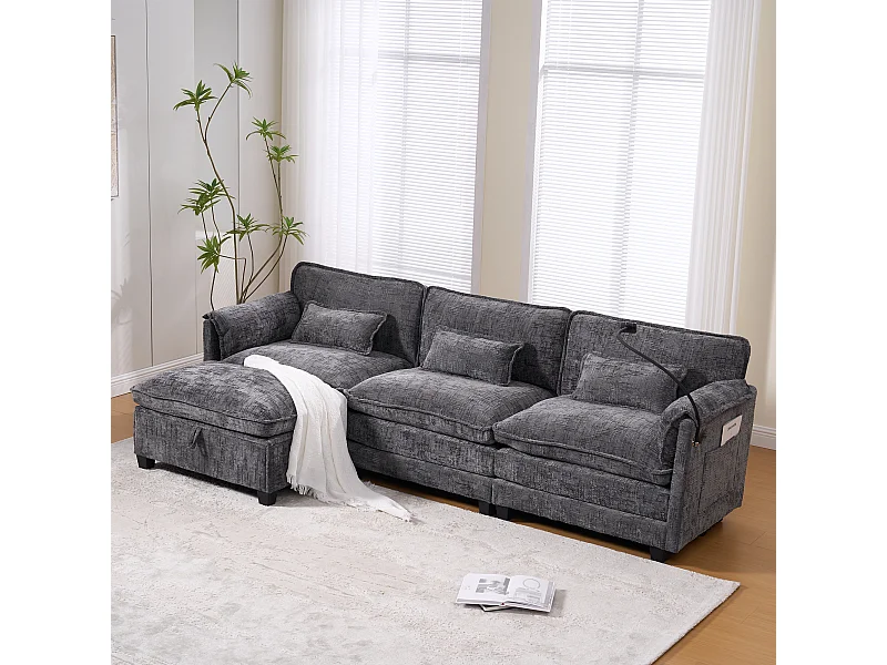 Bank 279x83x85cm 2-zits met Memory Foam vulling chenille bekleding opbergpoef Grijs