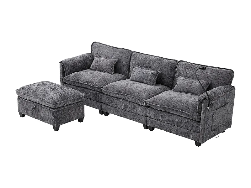 3-zits bank 279x83x85 cm, USB, zijvak, telefoonhouder, modulaire opbergpoef, chenille, grijs