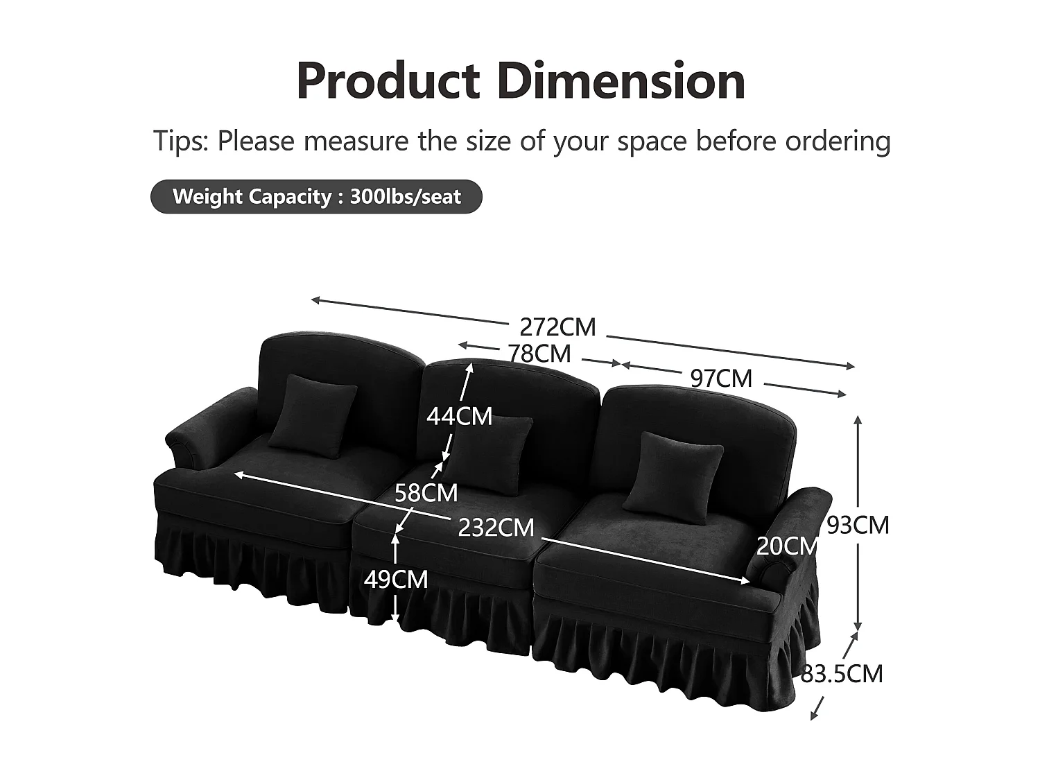 Ensemble de canapés Design élégant dossiers courbés Pieds fuselés Chenille noir