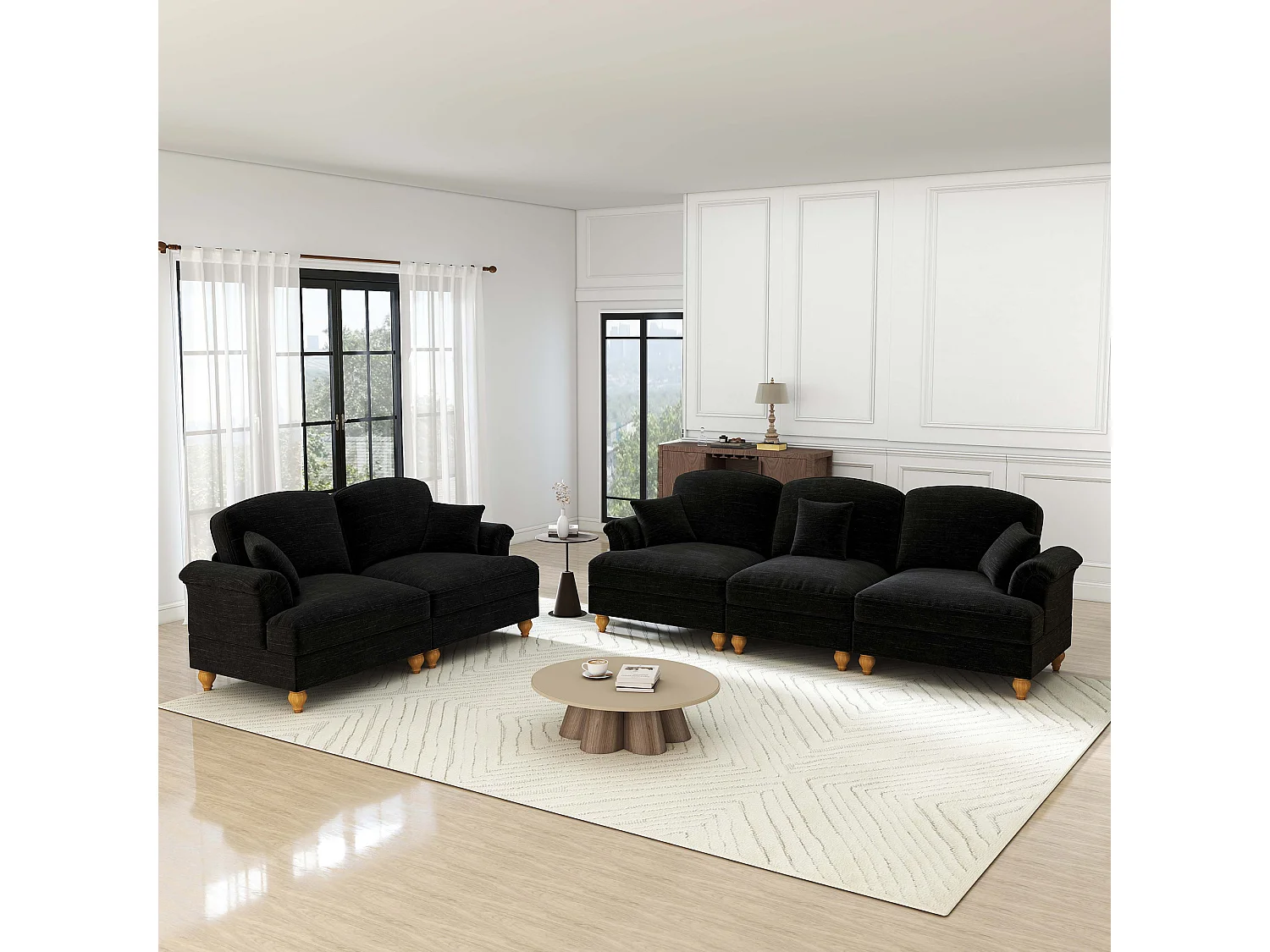 Ensemble de canapés Design élégant dossiers courbés Pieds fuselés Chenille noir
