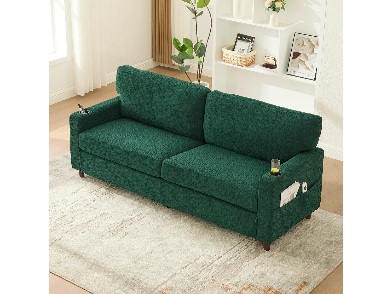 Canapé 203x77.5x86cm deux places moderne avec rangement chenille idéal pour salon bureau émeraude