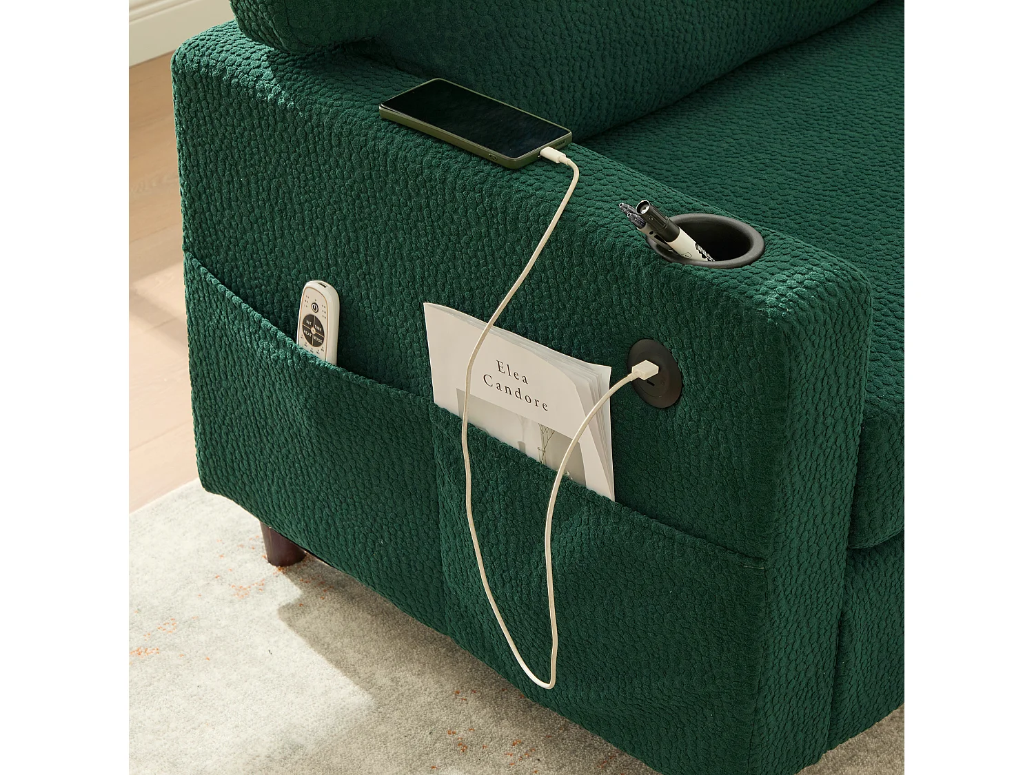 Canapé 2 places 203x77.5x86 cm, port USB C, bande LED, porte gobelets, poches latérales, chenille émeraude