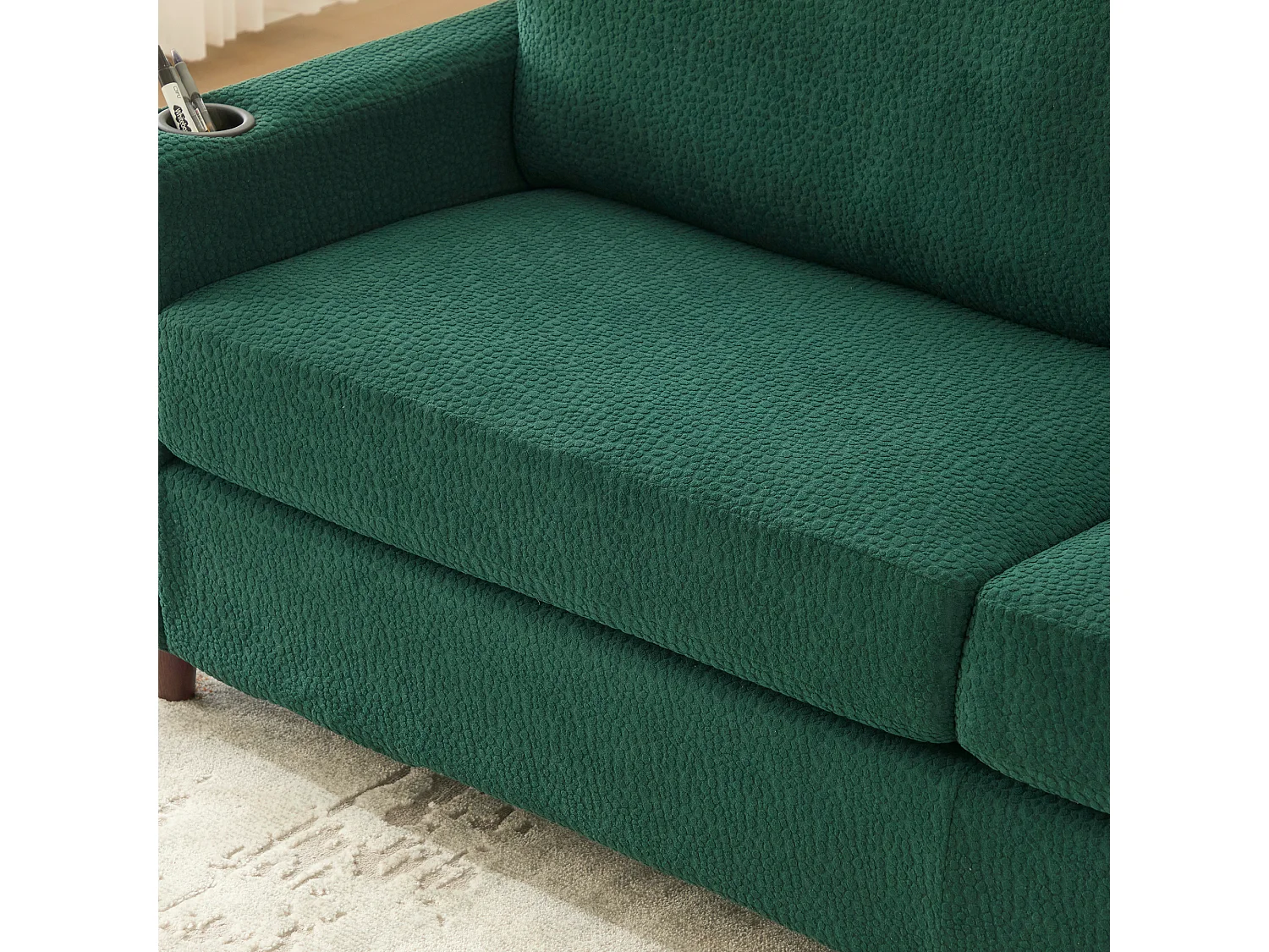 Canapé 2 places 203x77.5x86 cm, port USB C, bande LED, porte gobelets, poches latérales, chenille émeraude