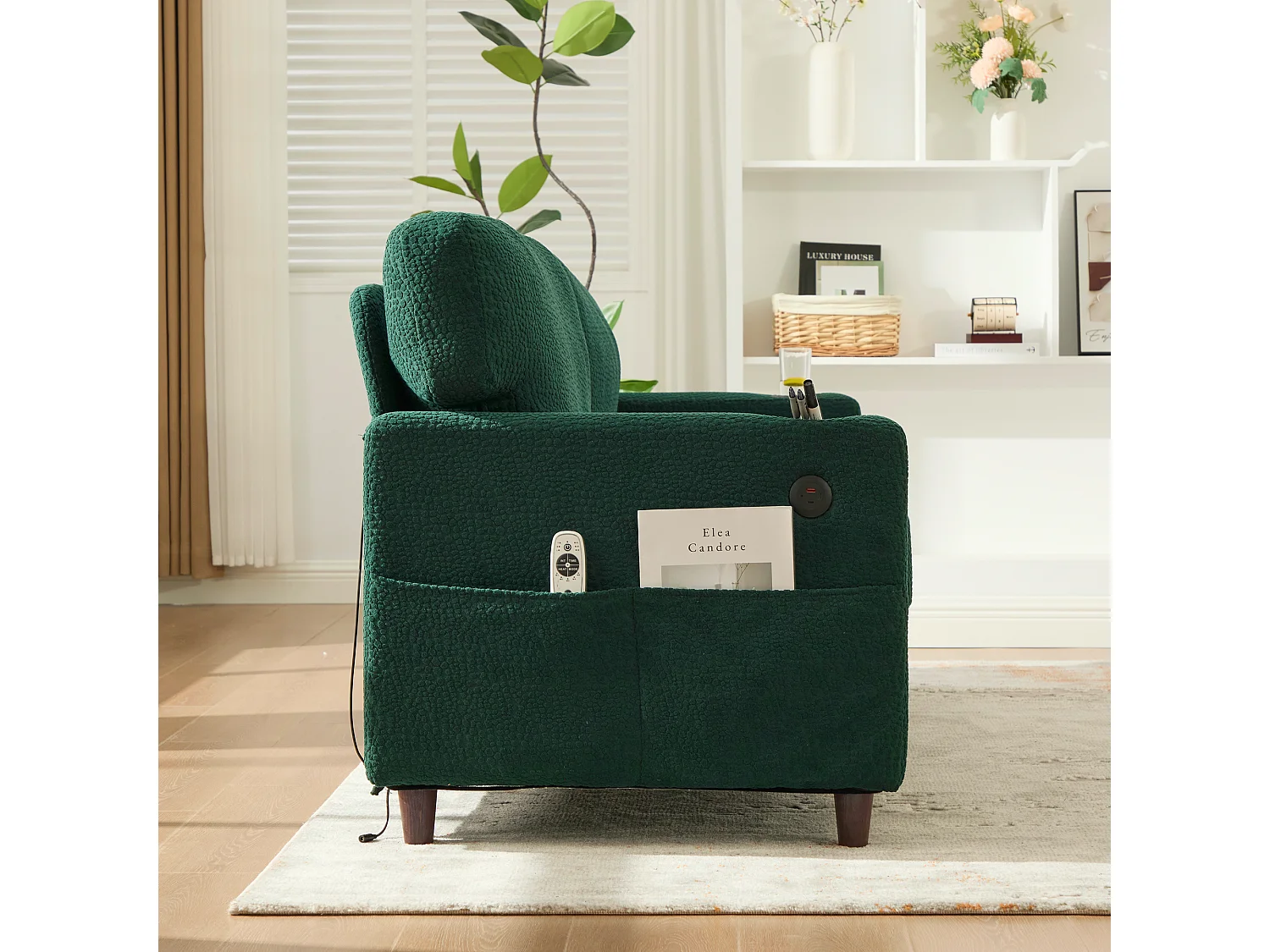 Canapé 2 places 203x77.5x86 cm, port USB C, bande LED, porte gobelets, poches latérales, chenille émeraude