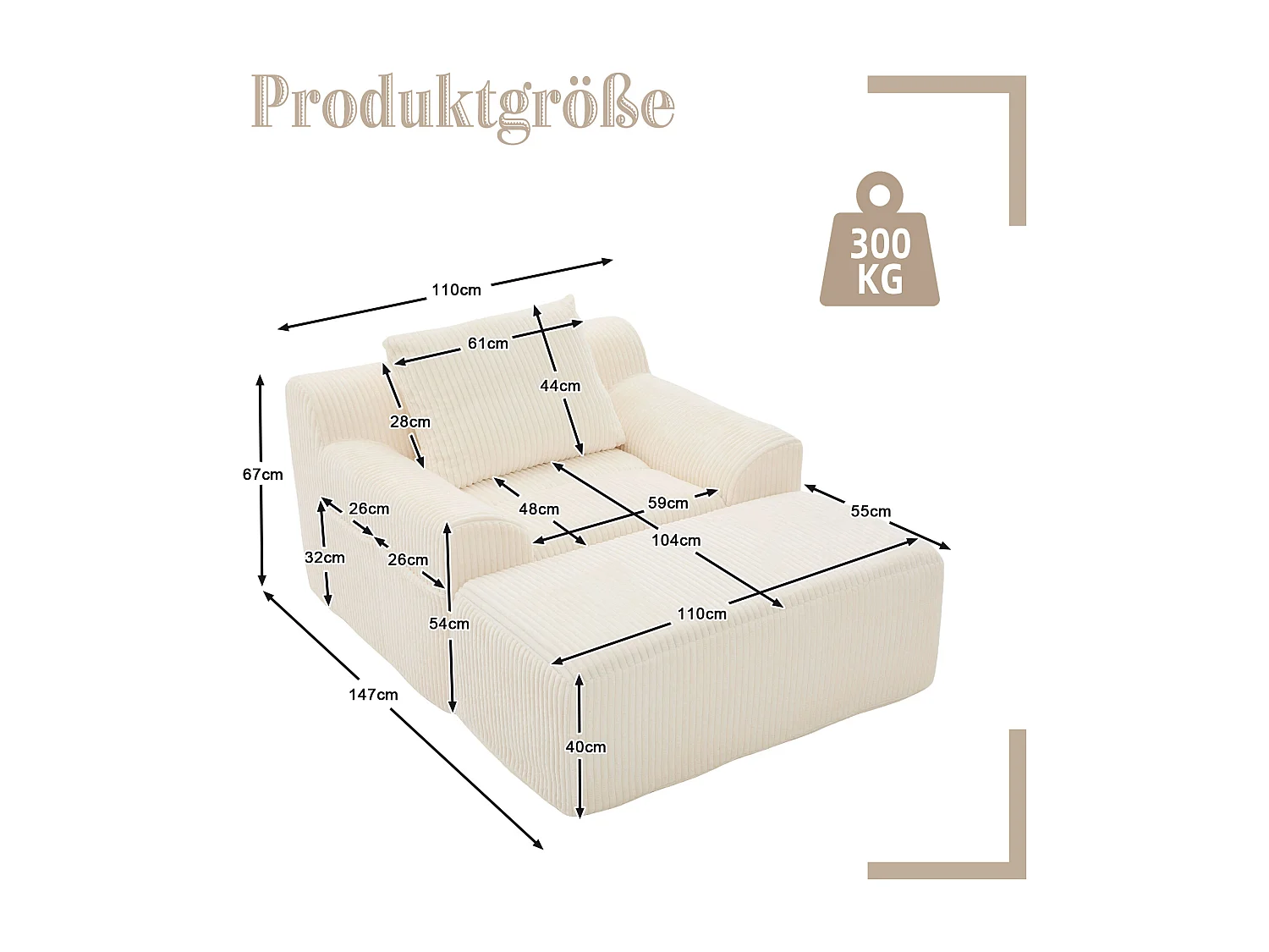 Bank 147x110x67cm Diepe zitting Ribfluweel Met voetensteun Beige