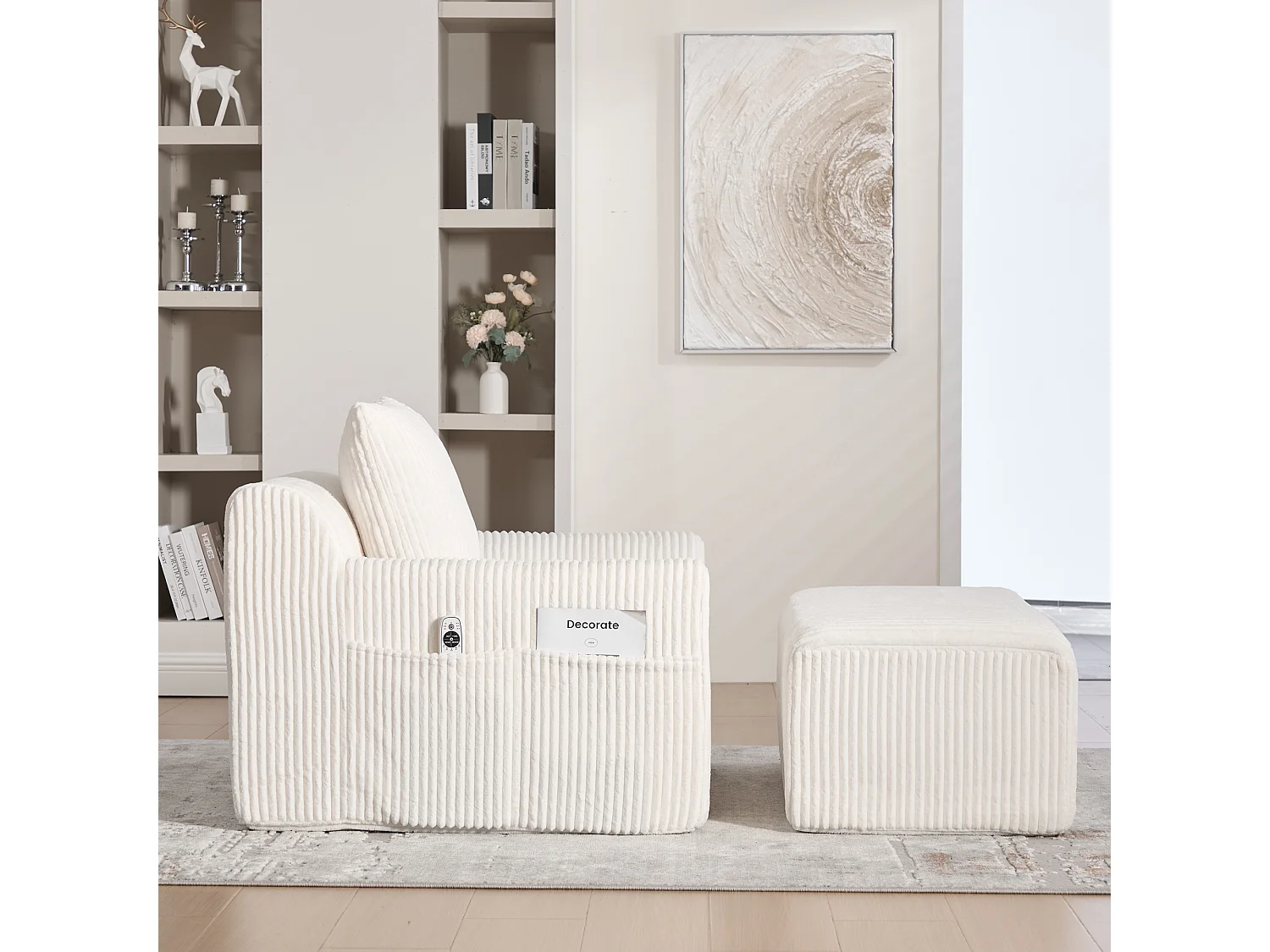 Bank 147x110x67cm Diepe zitting Ribfluweel Met voetensteun Beige