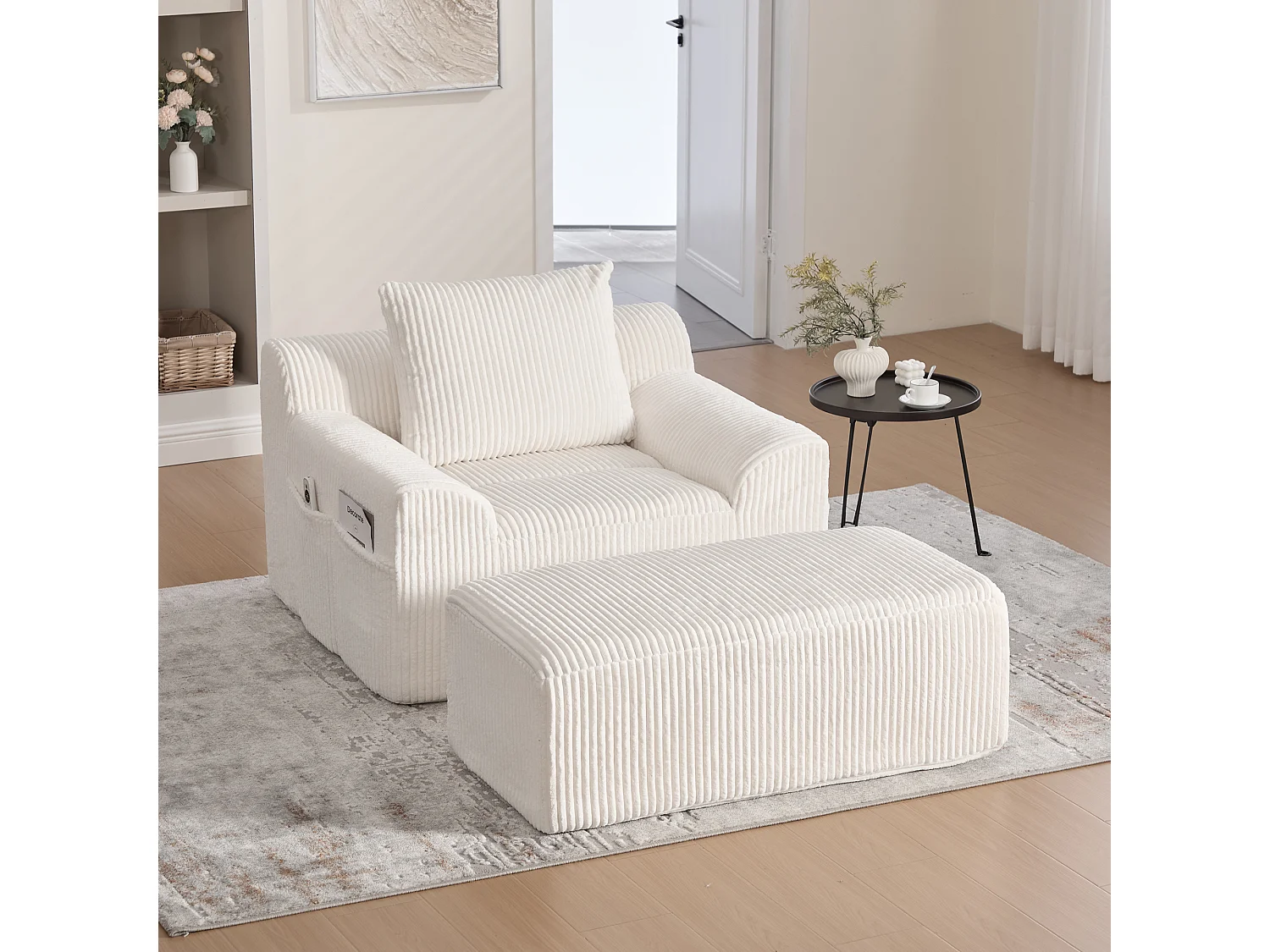 Bank 147x110x67cm Diepe zitting Ribfluweel Met voetensteun Beige