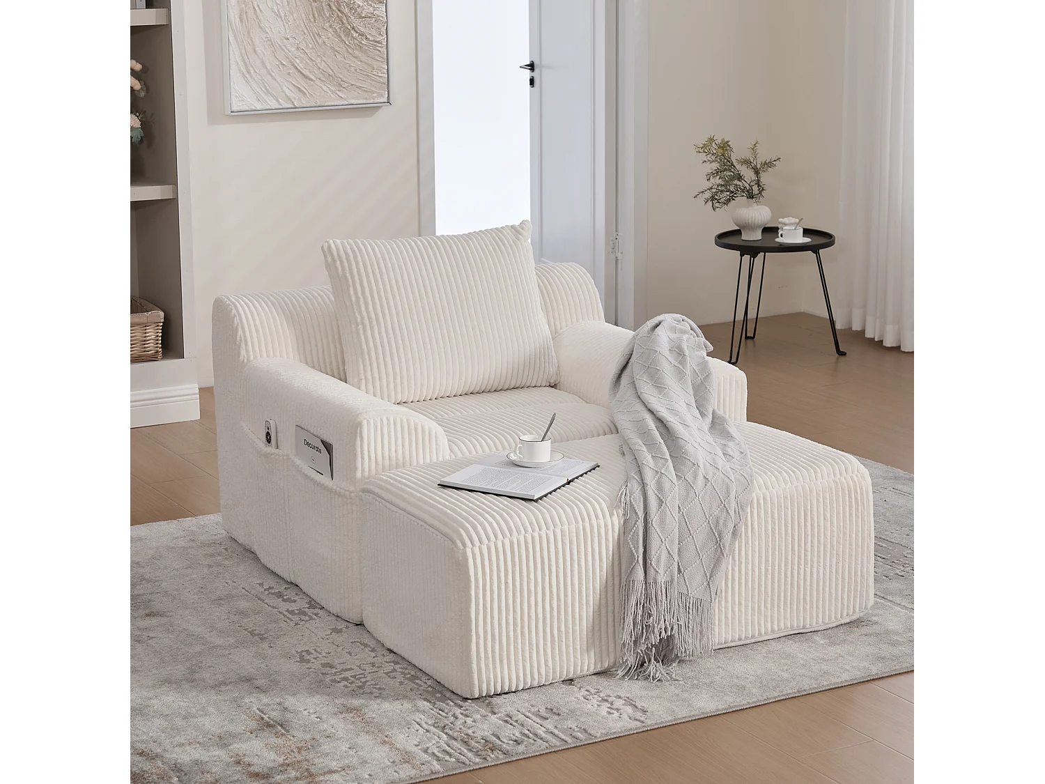 Sillón extragrande, con reposapiés, bolsillos laterales, asiento profundo, corduroy beige