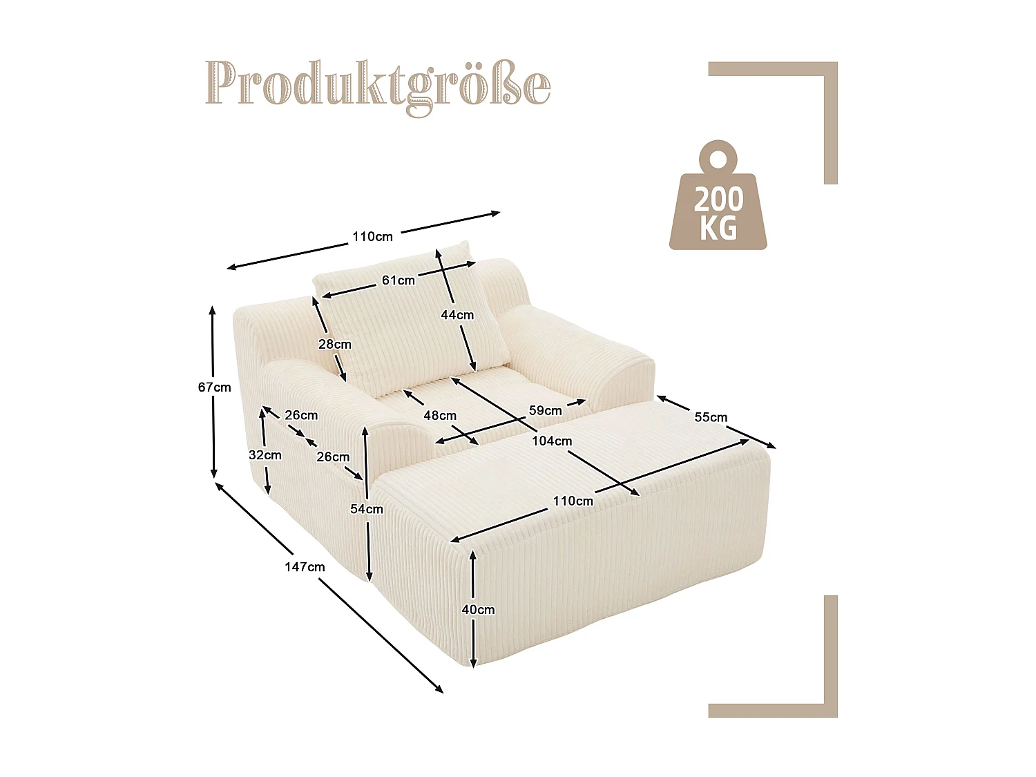Sillón extragrande, con reposapiés, bolsillos laterales, asiento profundo, corduroy beige