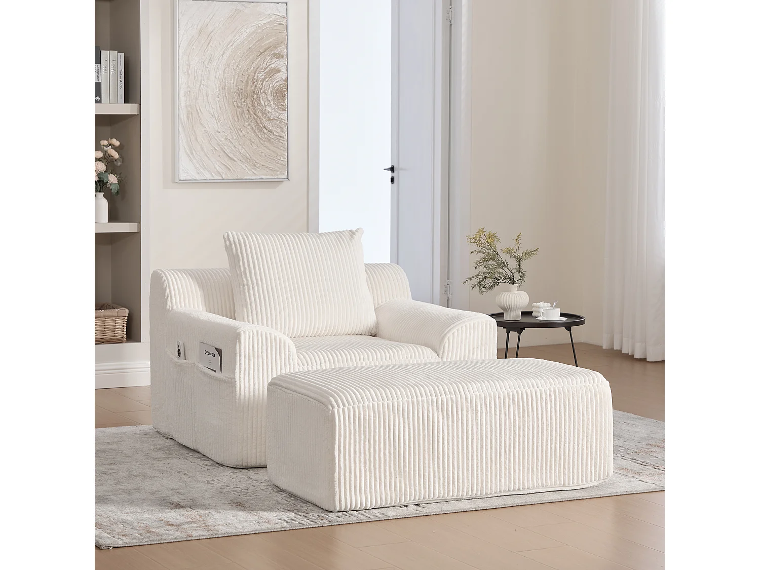 Sillón extragrande, con reposapiés, bolsillos laterales, asiento profundo, corduroy beige