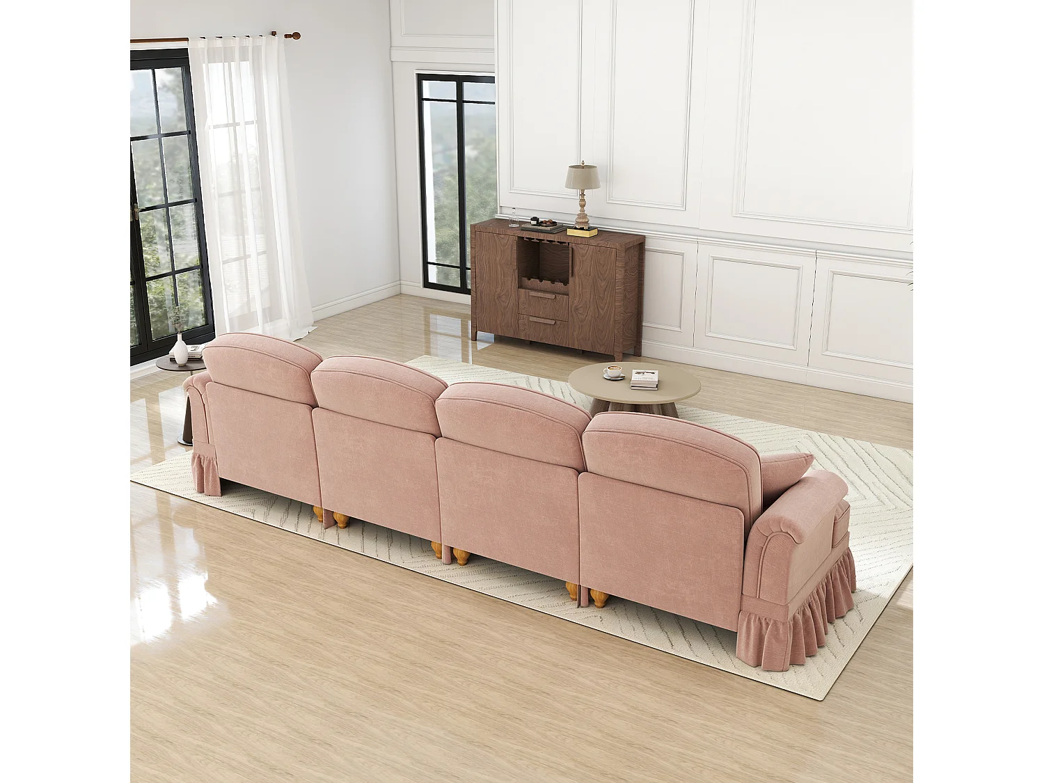 Canapé modulable, housses à volants amovibles, coussin mobile, chenille rose