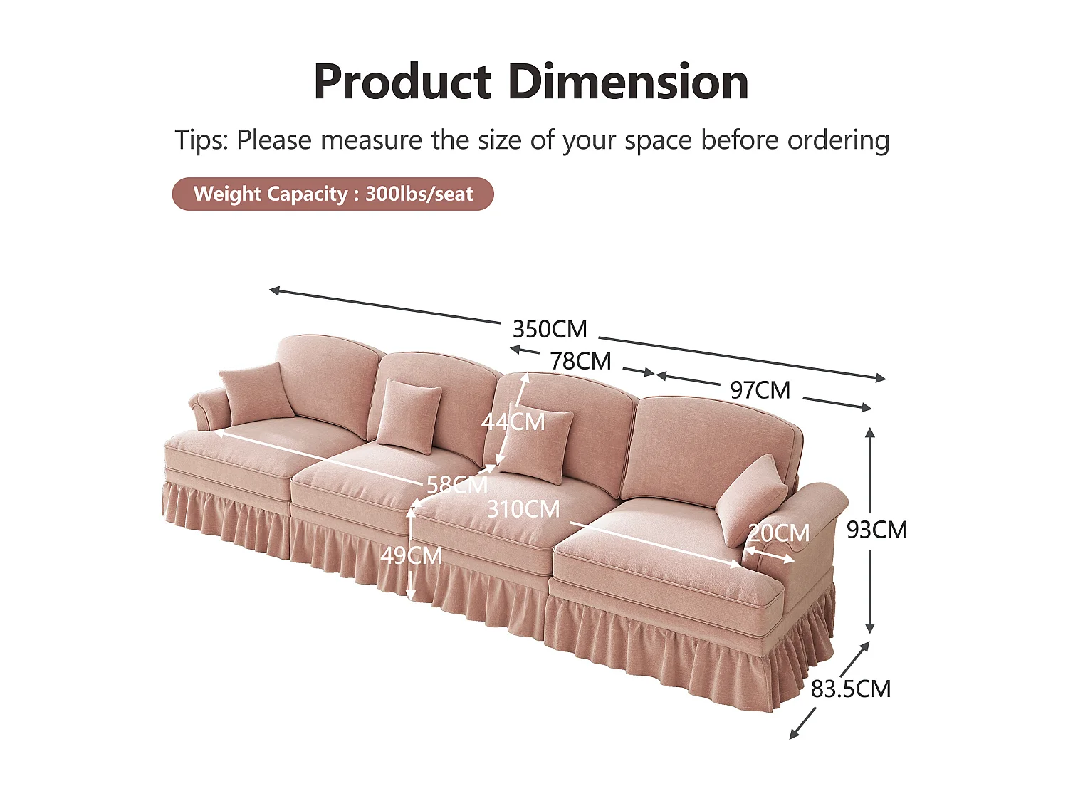 Canapé modulable, housses à volants amovibles, coussin mobile, chenille rose