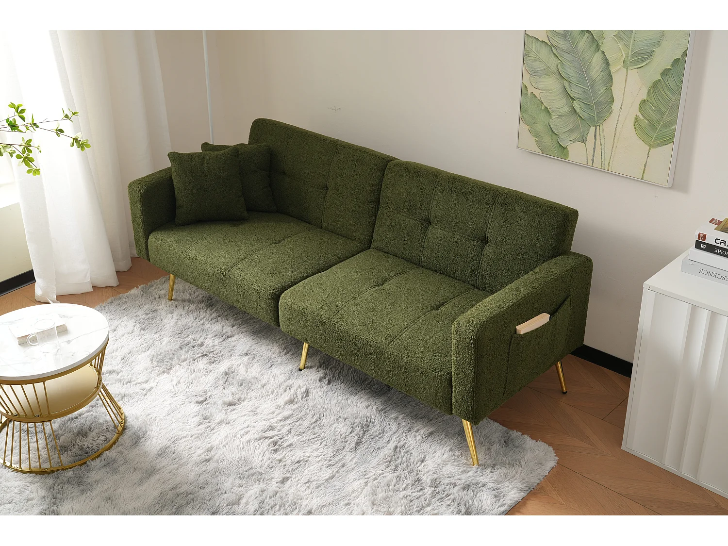 Canapé convertible 175x64x72 cm, dossier inclinable, poches latérales, mousse, vert antique