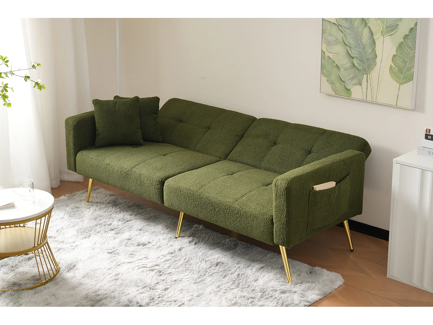 Canapé convertible 175x64x72 cm, dossier inclinable, poches latérales, mousse, vert antique