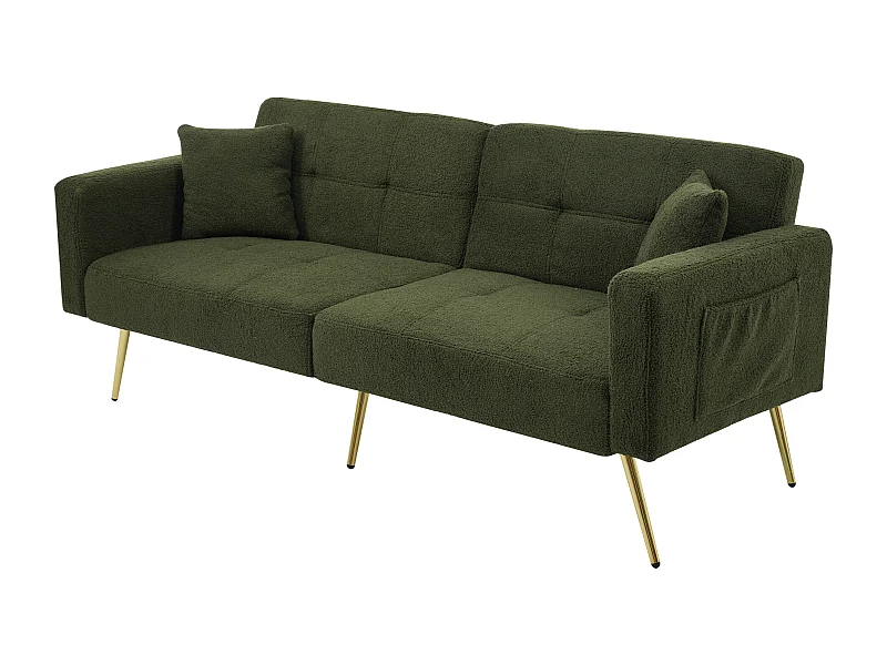 Canapé convertible 175x64x72 cm, dossier inclinable, poches latérales, mousse, vert antique
