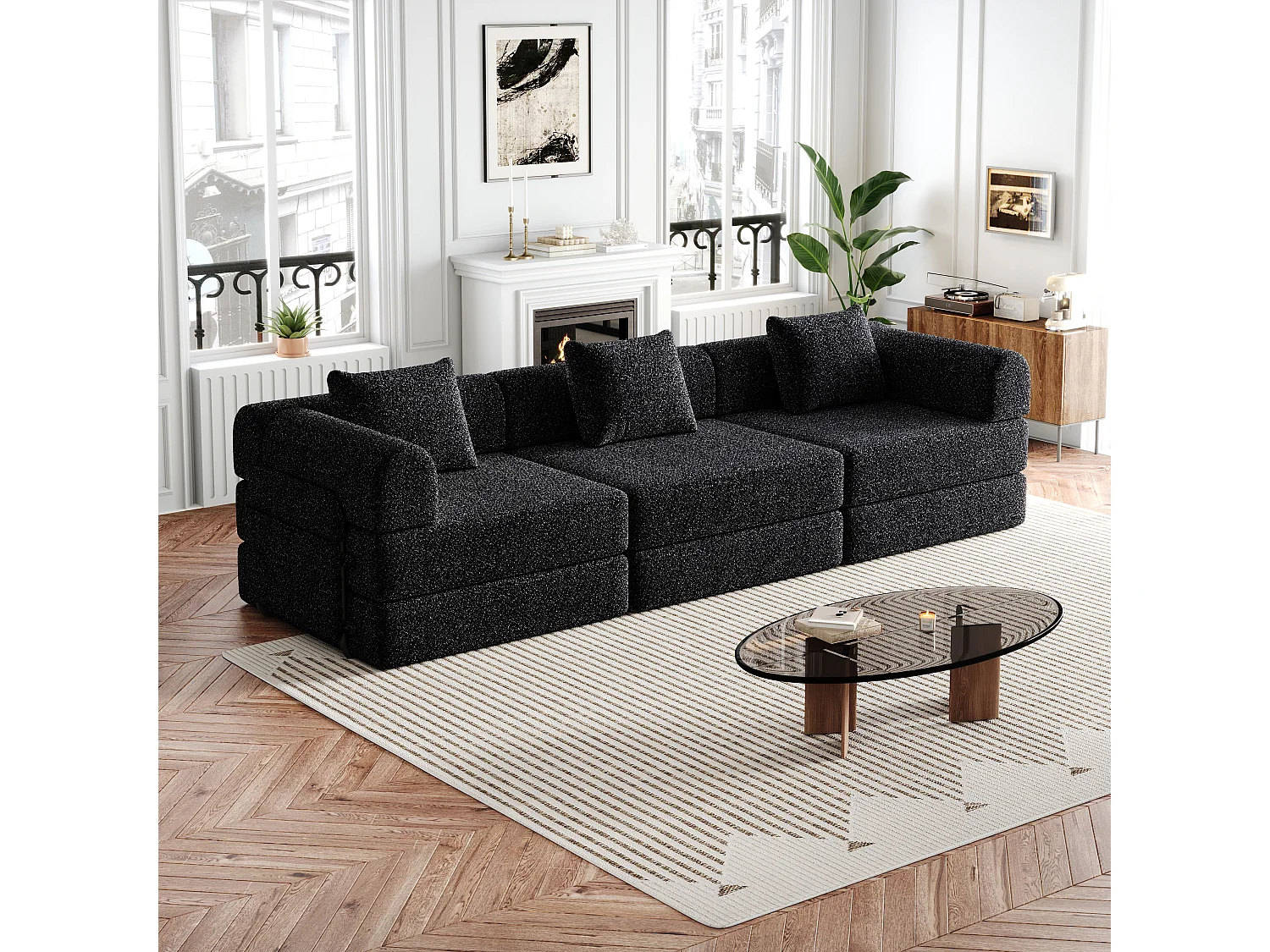 Fauteuil convertible en lit, rangement dans l’accoudoir, cadres en acier, chenille noir