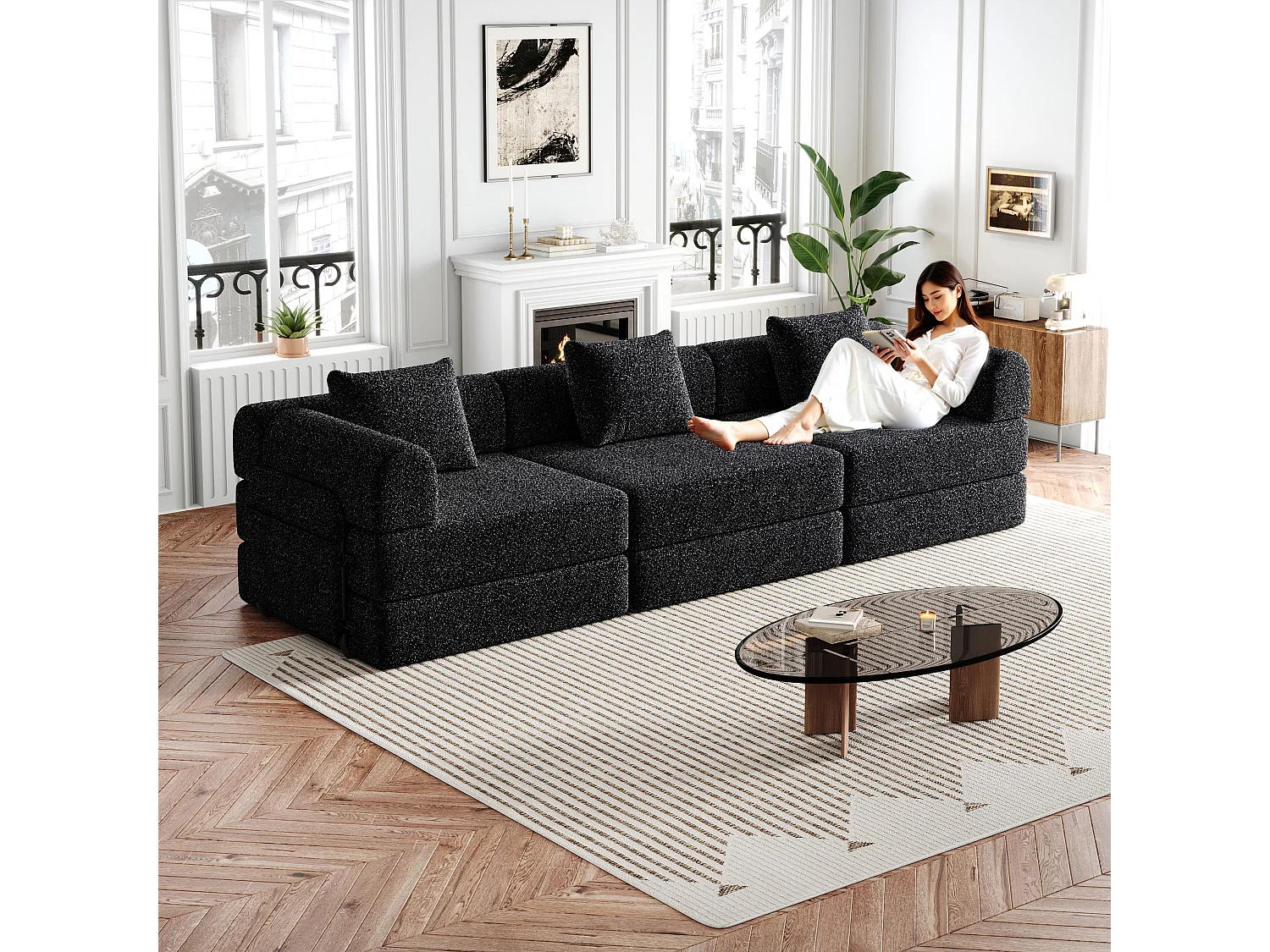 Fauteuil convertible en lit, rangement dans l’accoudoir, cadres en acier, chenille noir