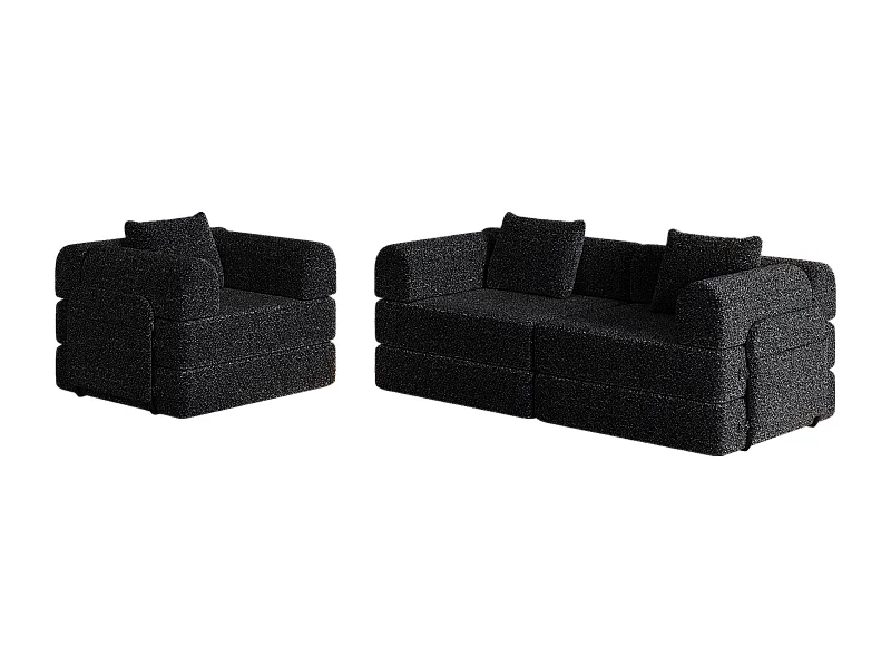 Canapé convertible Modulable Rangement dans accoudoir Support cadre acier Tissu chenille Design sobre noir