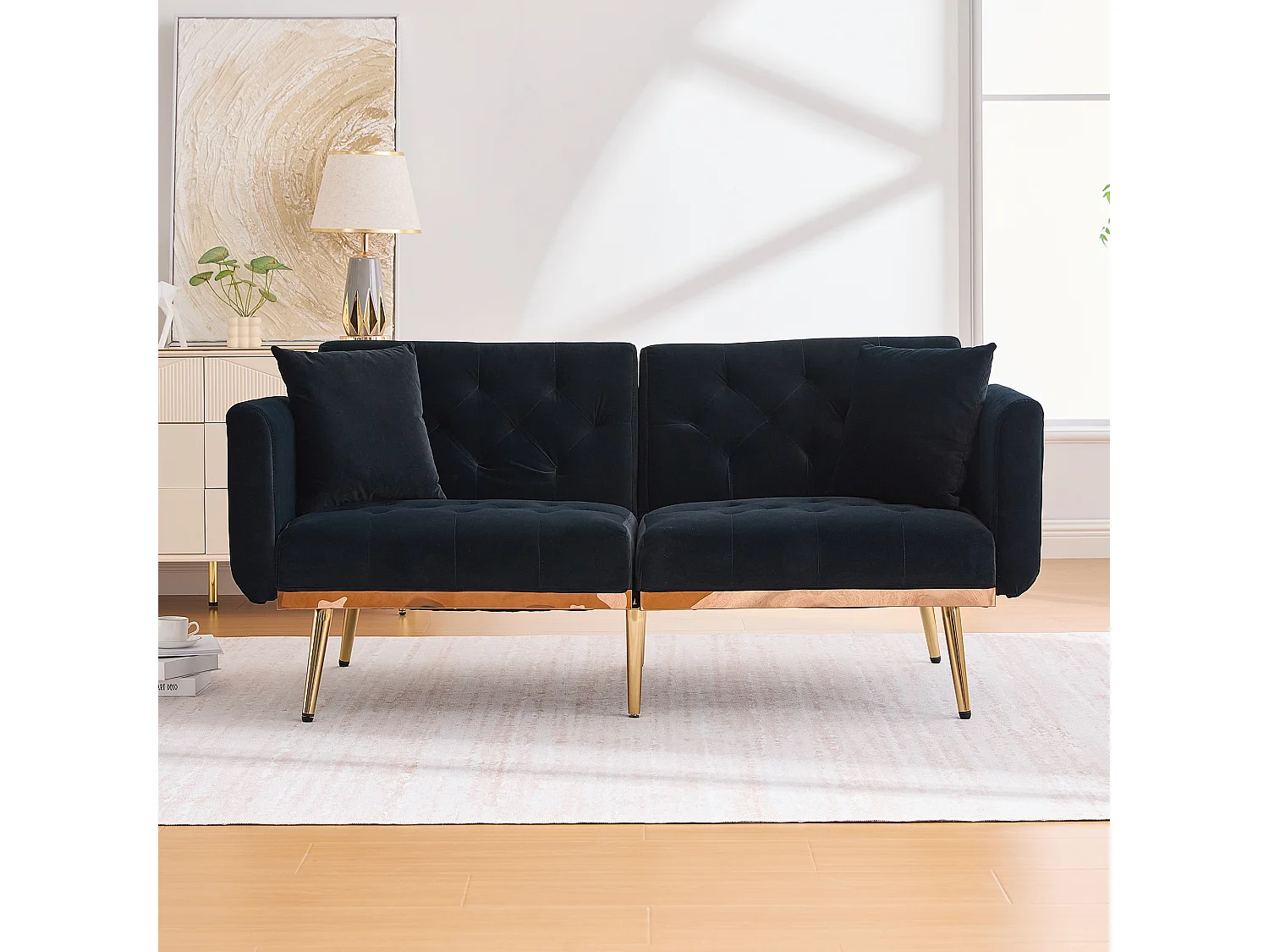 Canapé double convertible 165x72.5x75cm 2 Coussins Rembourrage Épais Velours Noir Montage Facile