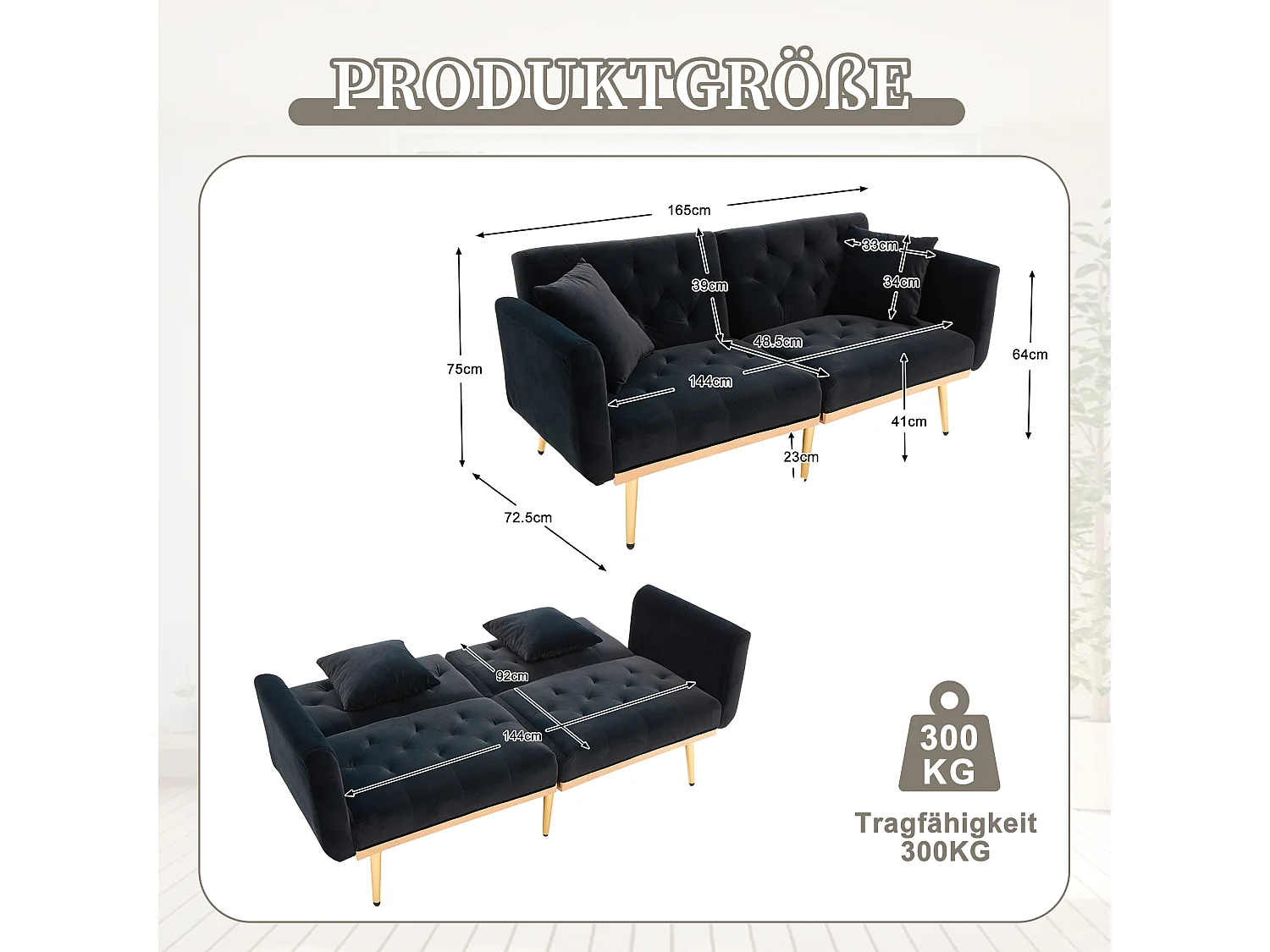 Canapé double convertible 165x72.5x75cm 2 Coussins Rembourrage Épais Velours Noir Montage Facile