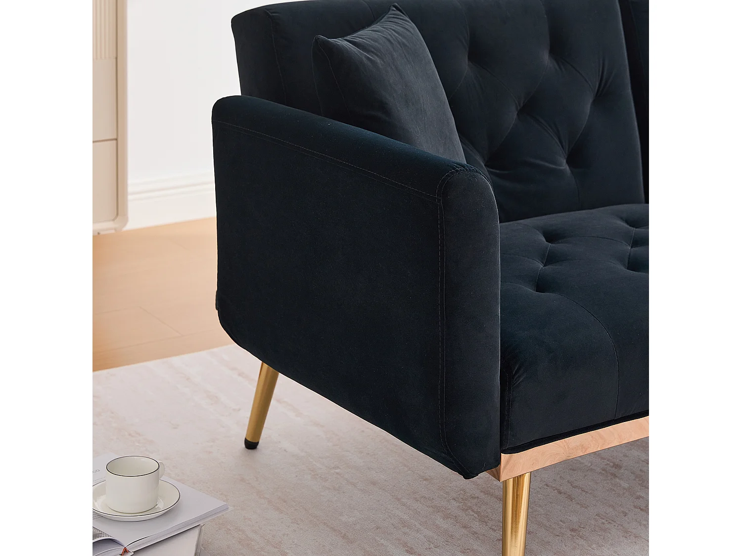 Canapé double convertible 165x72.5x75cm 2 Coussins Rembourrage Épais Velours Noir Montage Facile