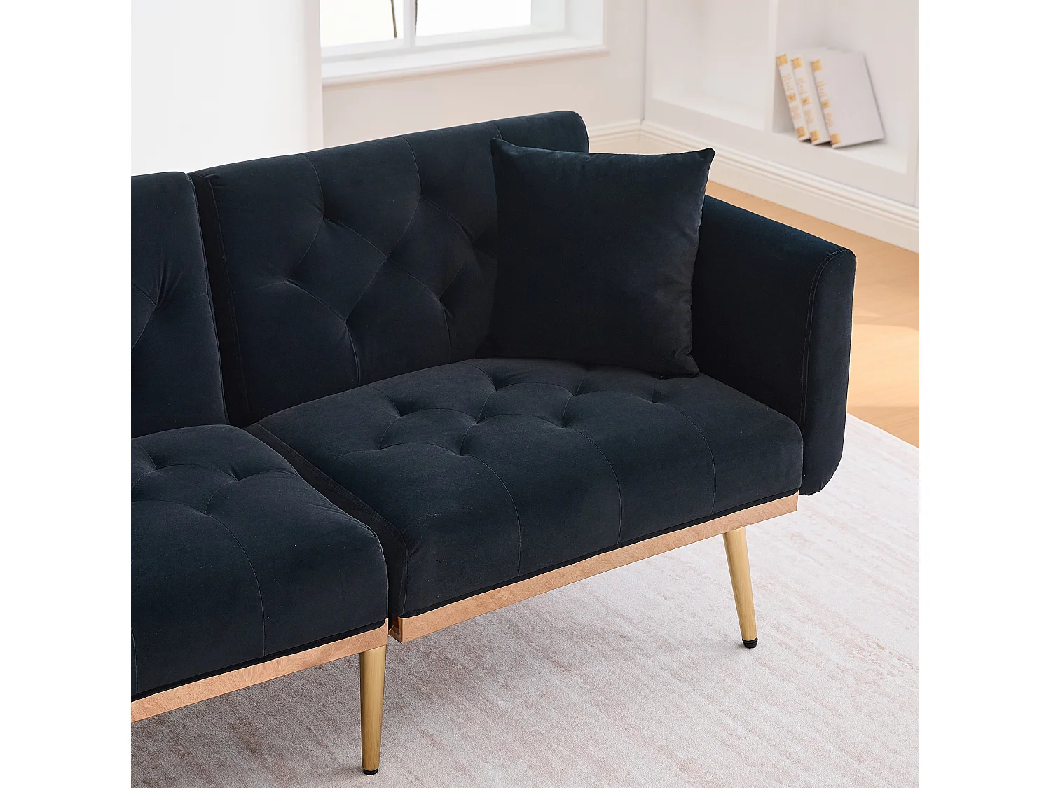 Canapé double convertible 165x72.5x75cm 2 Coussins Rembourrage Épais Velours Noir Montage Facile