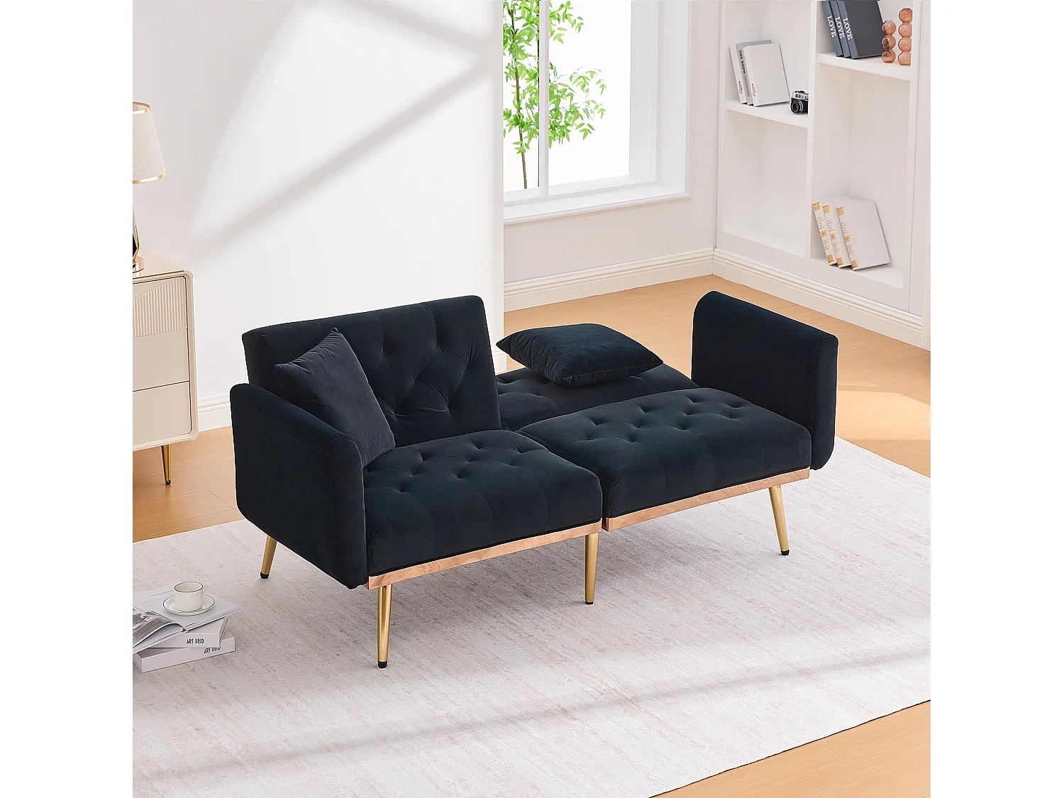 Canapé double convertible 165x72.5x75cm 2 Coussins Rembourrage Épais Velours Noir Montage Facile