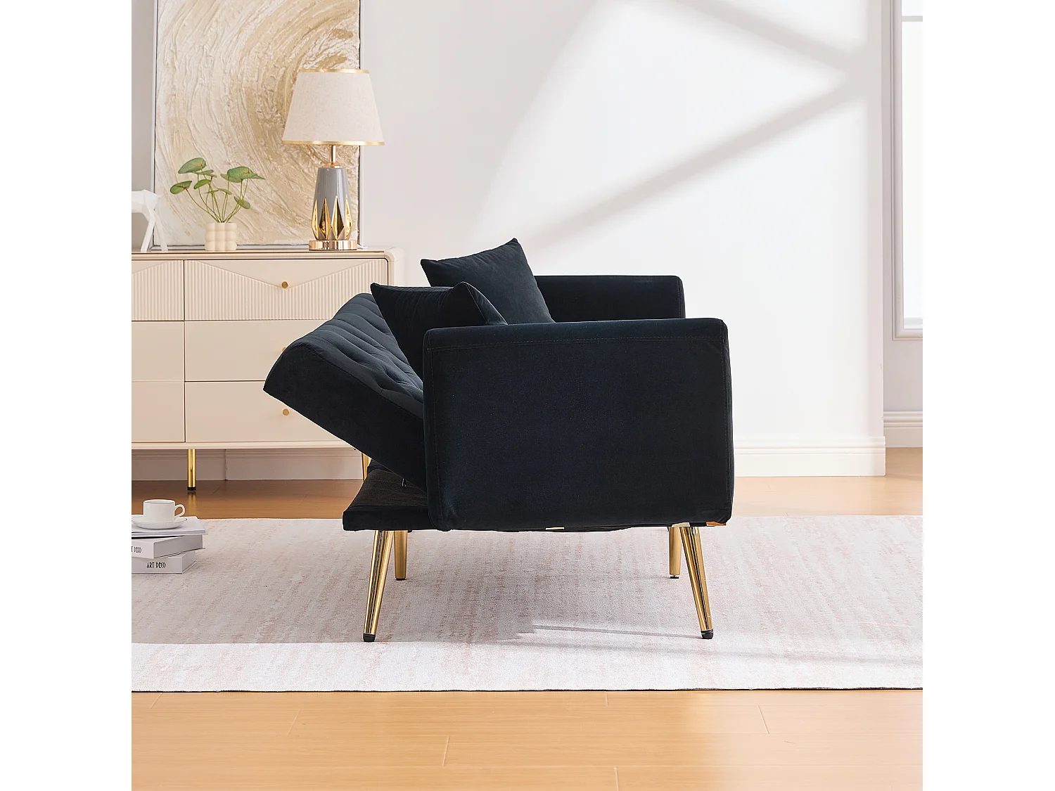 Canapé double convertible 165x72.5x75cm 2 Coussins Rembourrage Épais Velours Noir Montage Facile