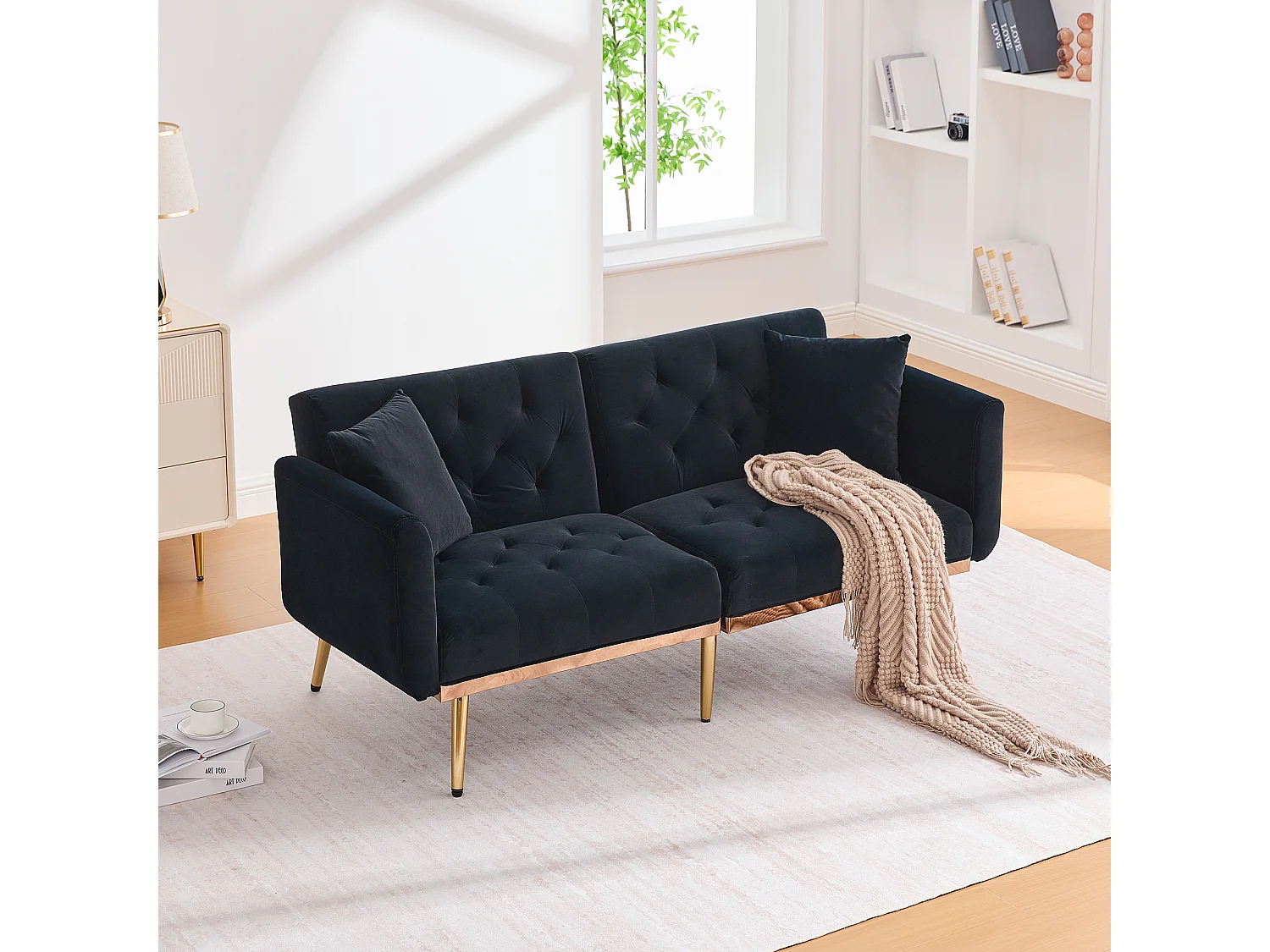 Canapé double convertible 165x72.5x75cm 2 Coussins Rembourrage Épais Velours Noir Montage Facile