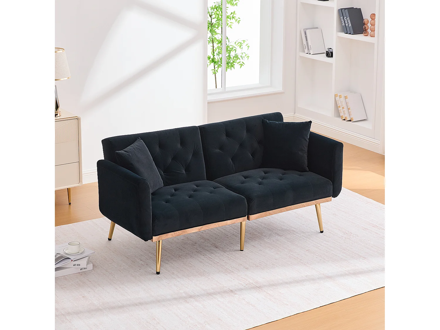 Canapé double convertible 165x72.5x75cm 2 Coussins Rembourrage Épais Velours Noir Montage Facile