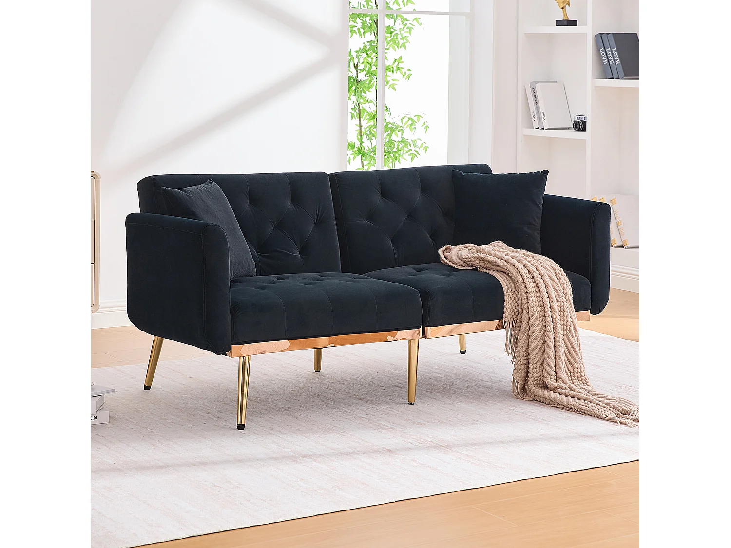 Canapé 2 places 165x72.5x75 cm, convertible en lit, dossier réglable 3 positions, velours noir