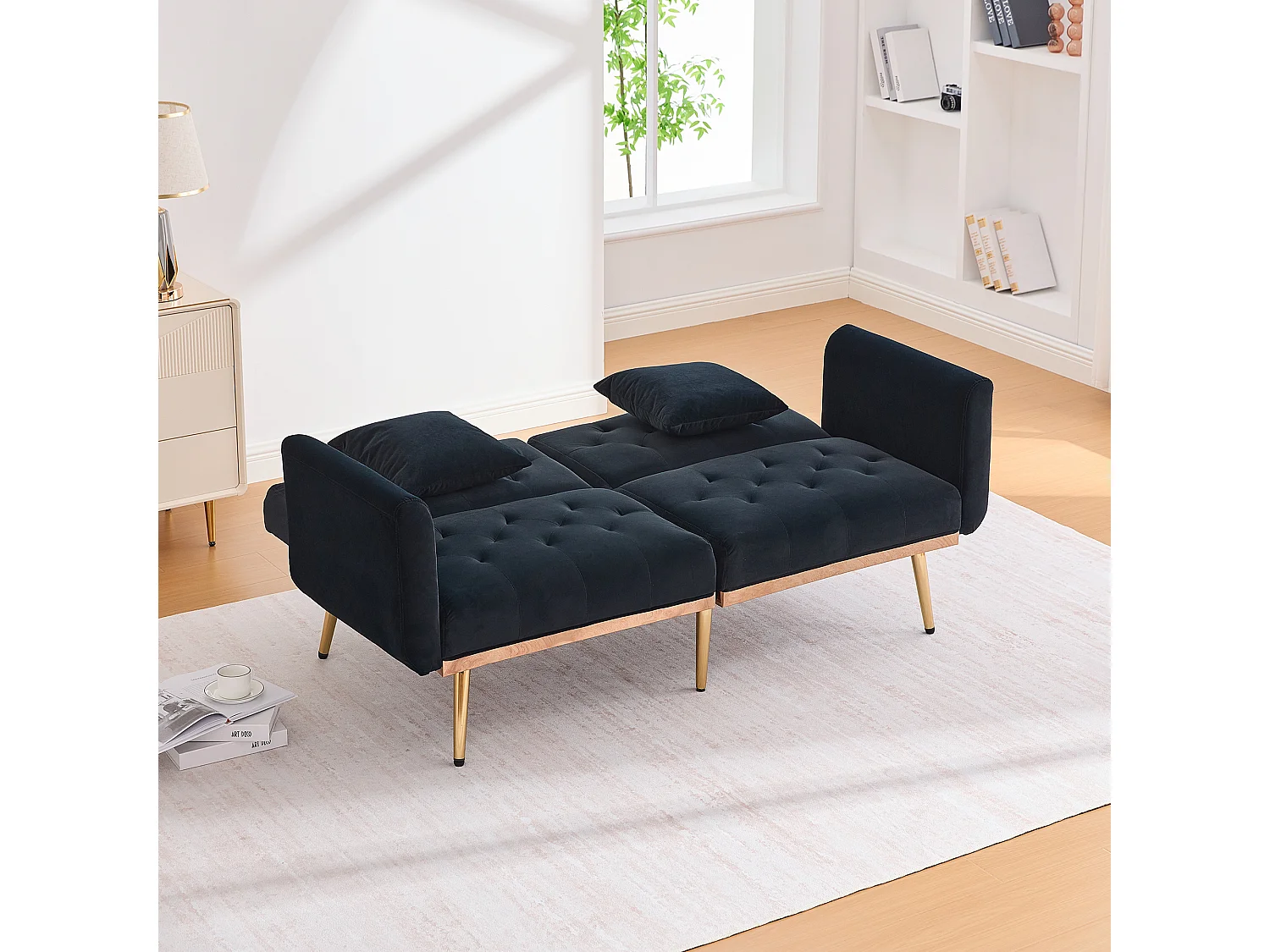 Canapé 2 places 165x72.5x75 cm, convertible en lit, dossier réglable 3 positions, velours noir