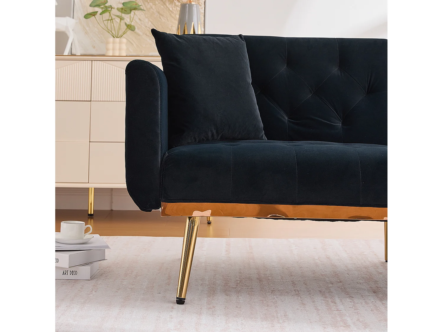 Canapé 2 places 165x72.5x75 cm, convertible en lit, dossier réglable 3 positions, velours noir