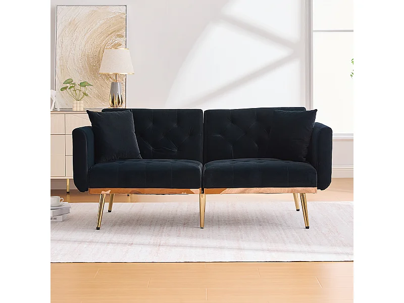 Canapé double convertible 165x72.5x75cm 2 Coussins Rembourrage Épais Velours Noir Montage Facile