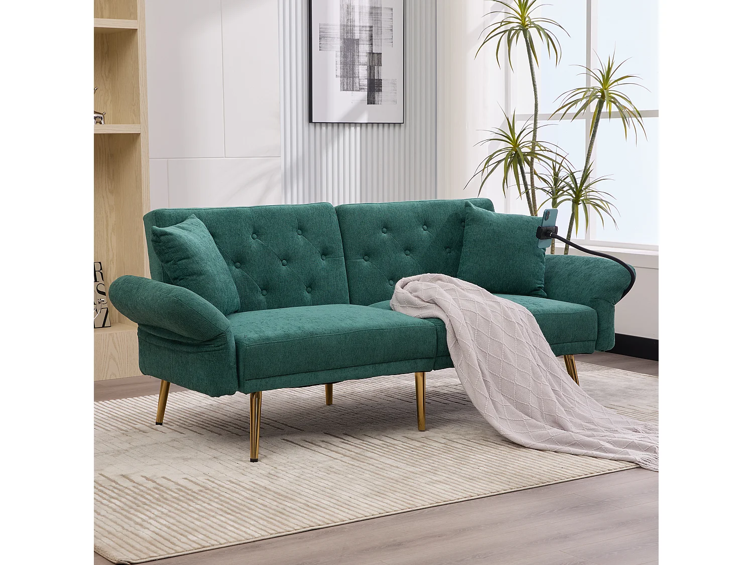 Canapé double convertible 173x78x78cm moderne dossier réglable 3 positions assise repos sommeil Chenille Émeraude