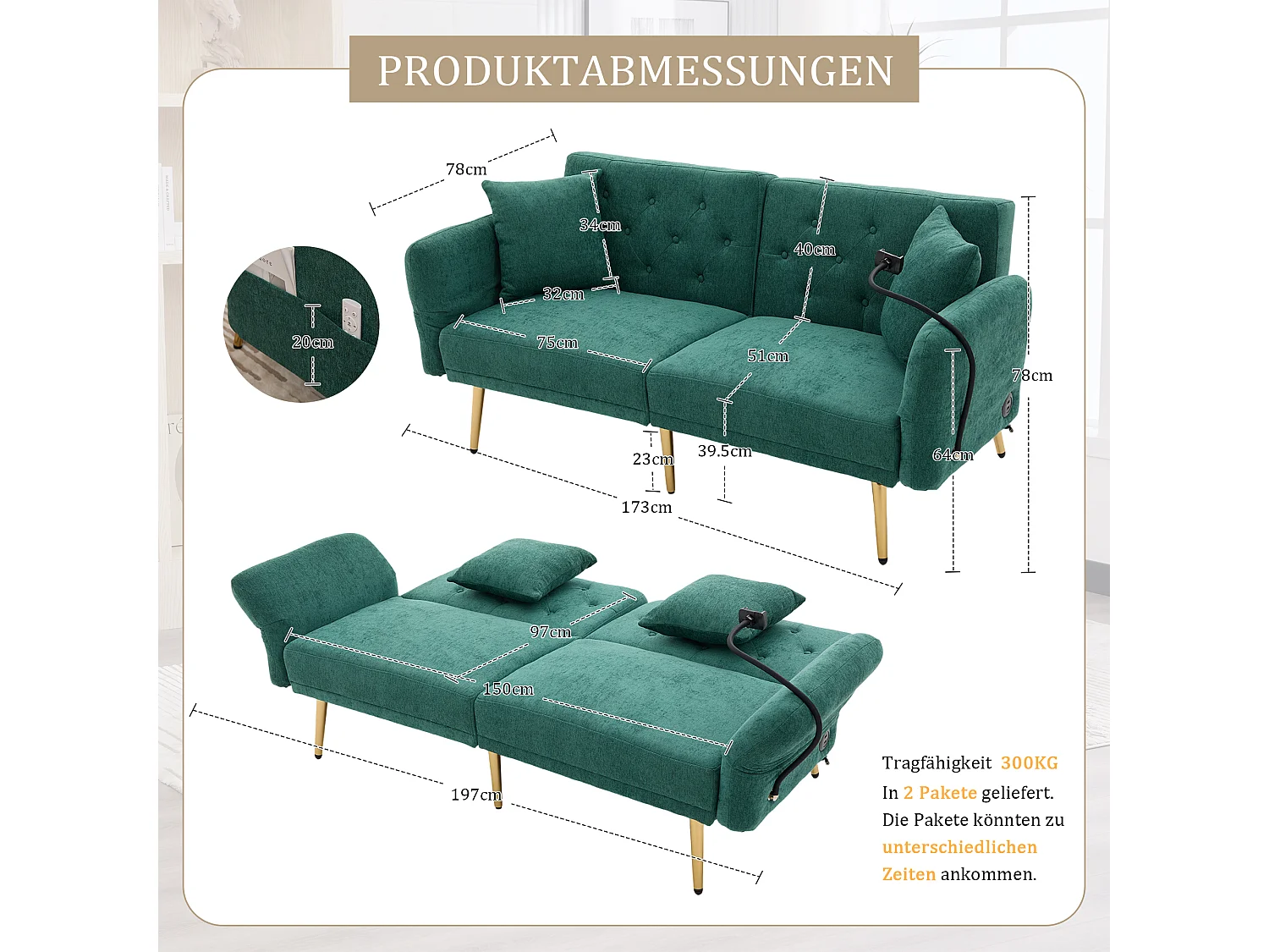 Canapé double convertible 173x78x78cm moderne dossier réglable 3 positions assise repos sommeil Chenille Émeraude