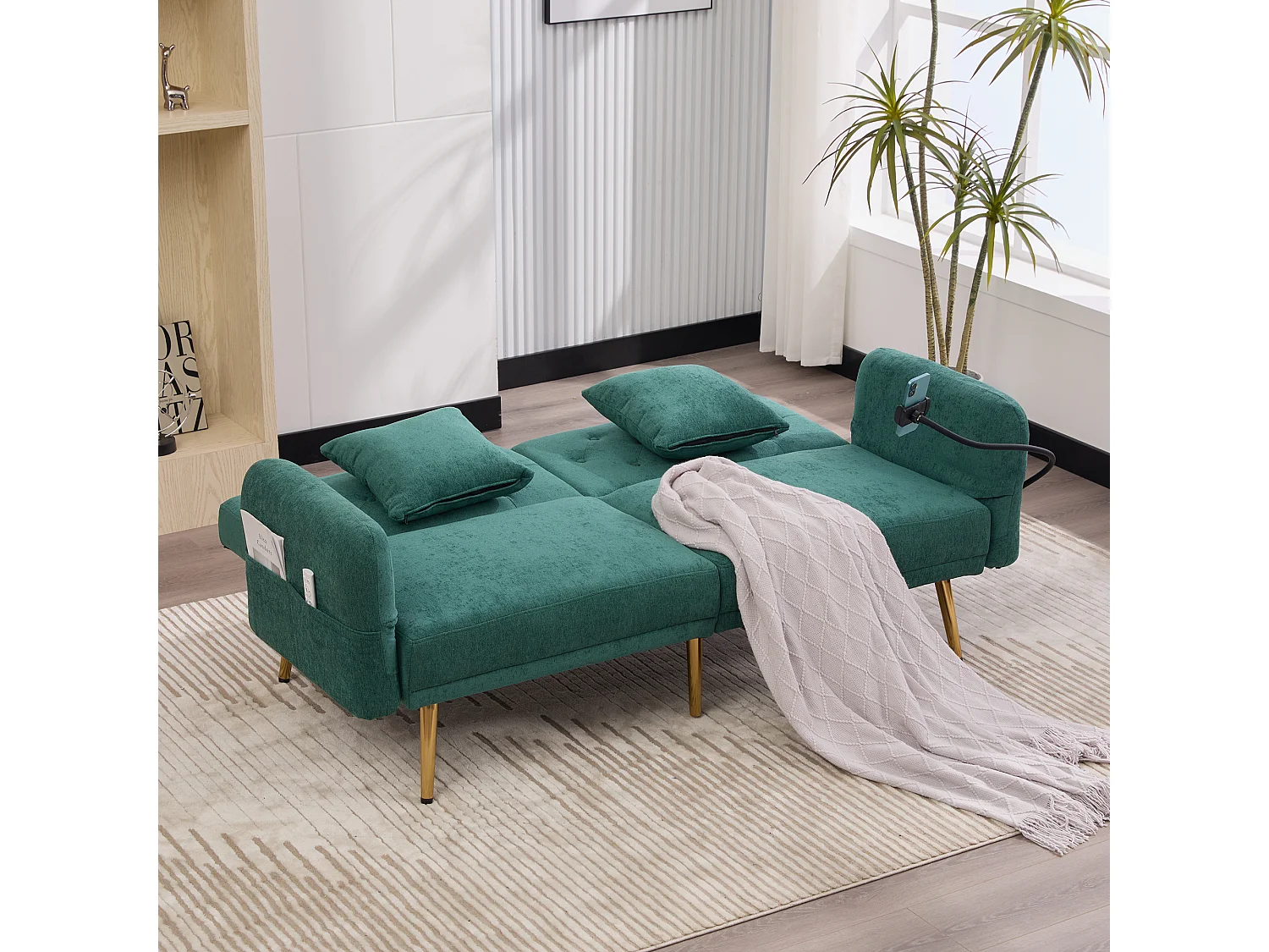 Canapé double convertible 173x78x78cm moderne dossier réglable 3 positions assise repos sommeil Chenille Émeraude