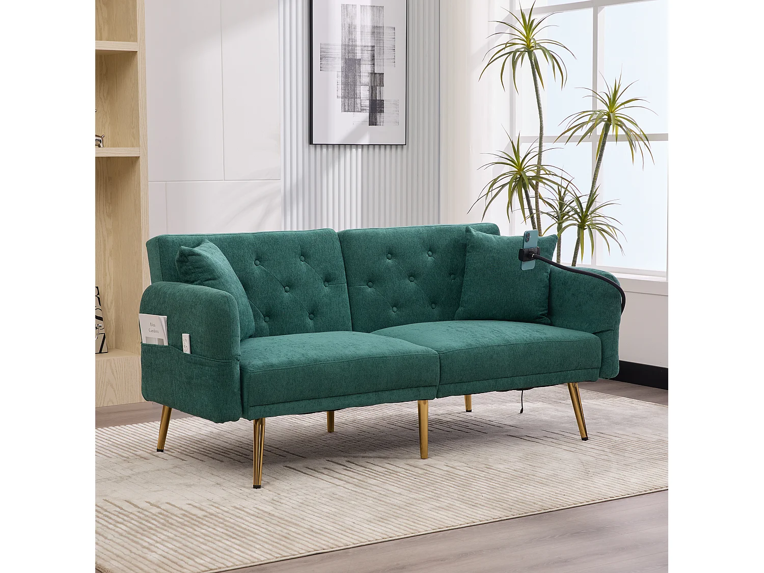 Canapé double convertible 173x78x78cm moderne dossier réglable 3 positions assise repos sommeil Chenille Émeraude