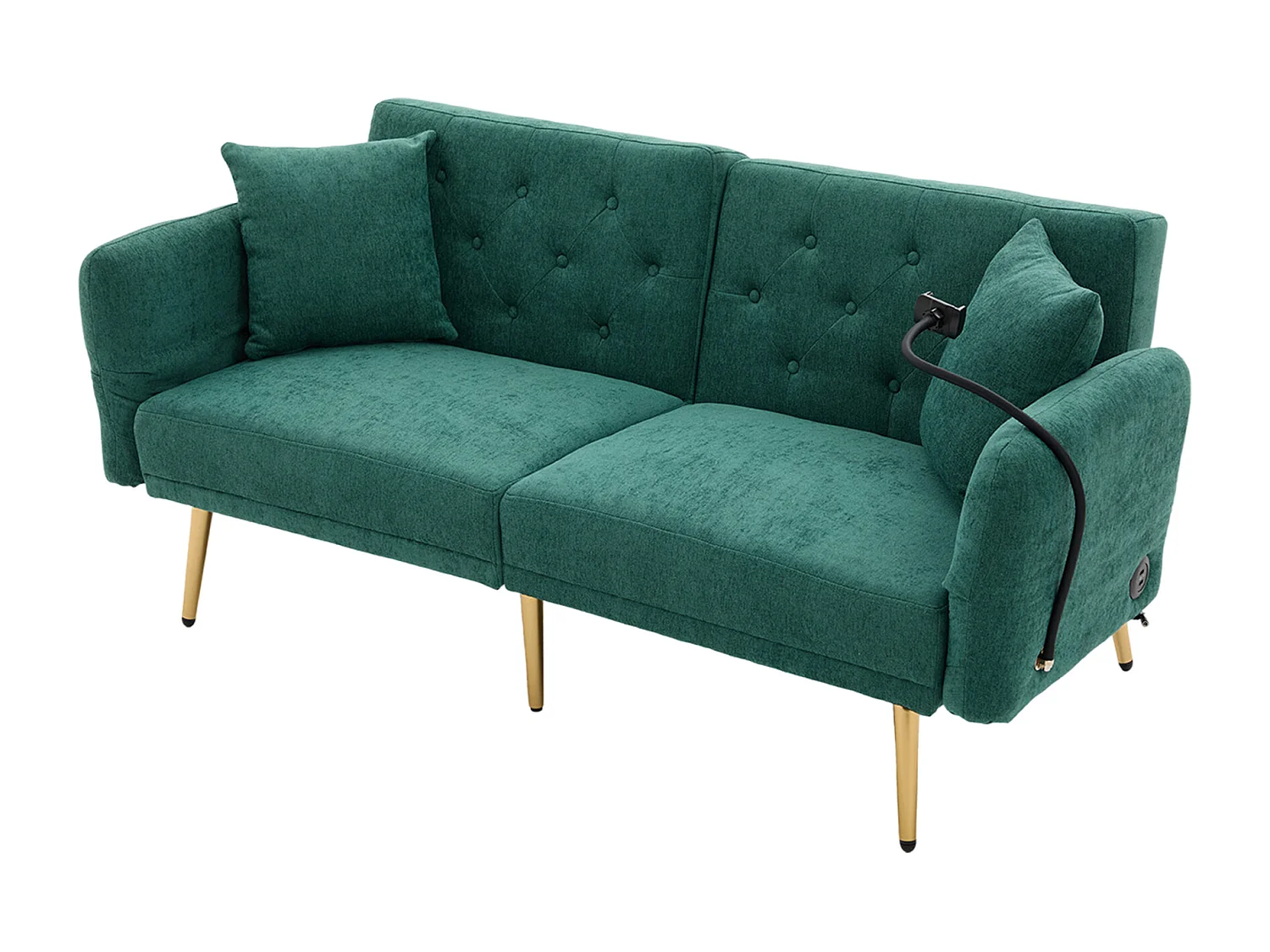 Canapé convertible 173x78x78 cm, dossier 3 positions, 2 ports USB, support téléphone, poche latérale, chenille, vert émeraude