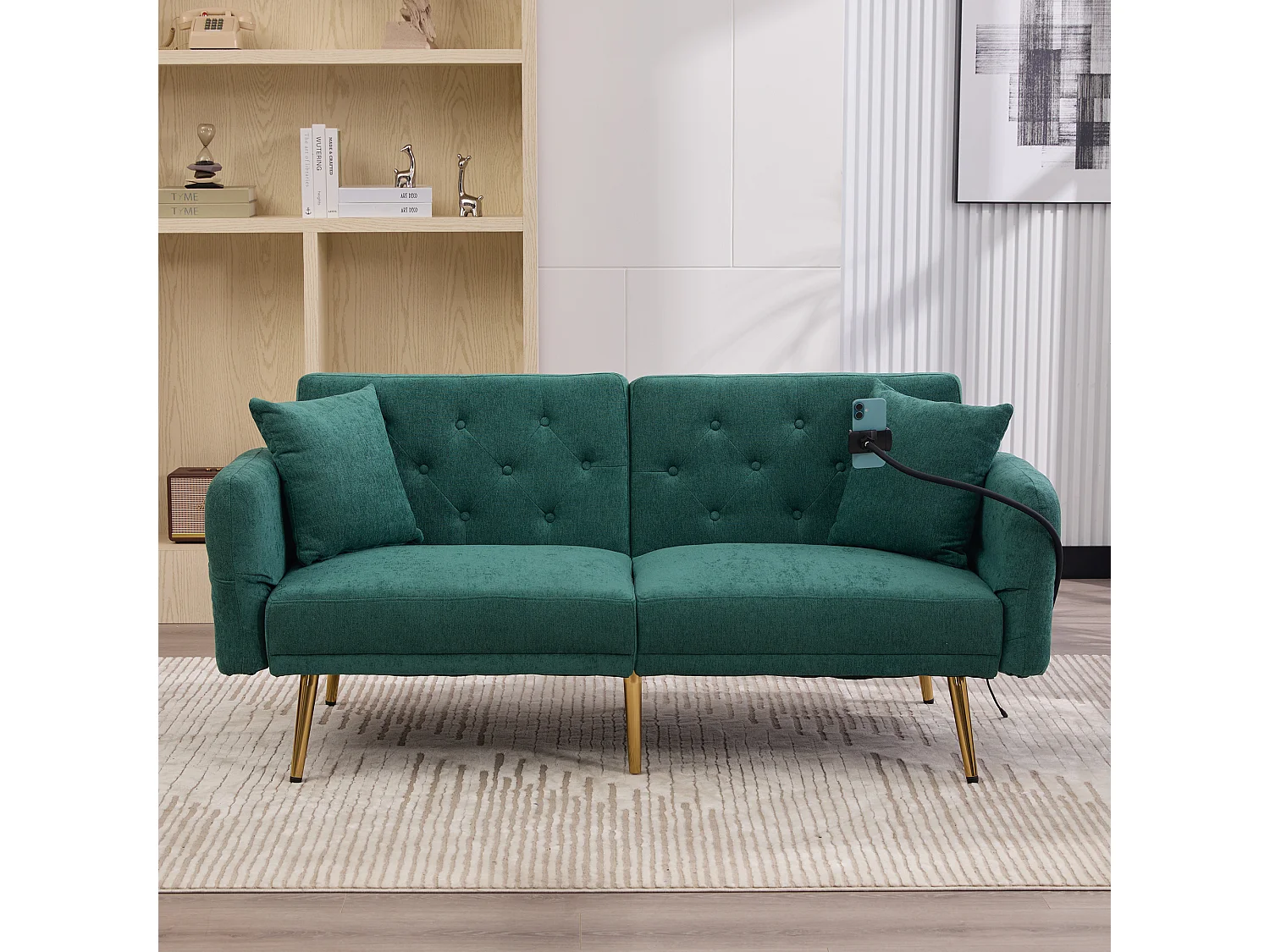 Canapé convertible 173x78x78 cm, dossier 3 positions, 2 ports USB, support téléphone, poche latérale, chenille, vert émeraude