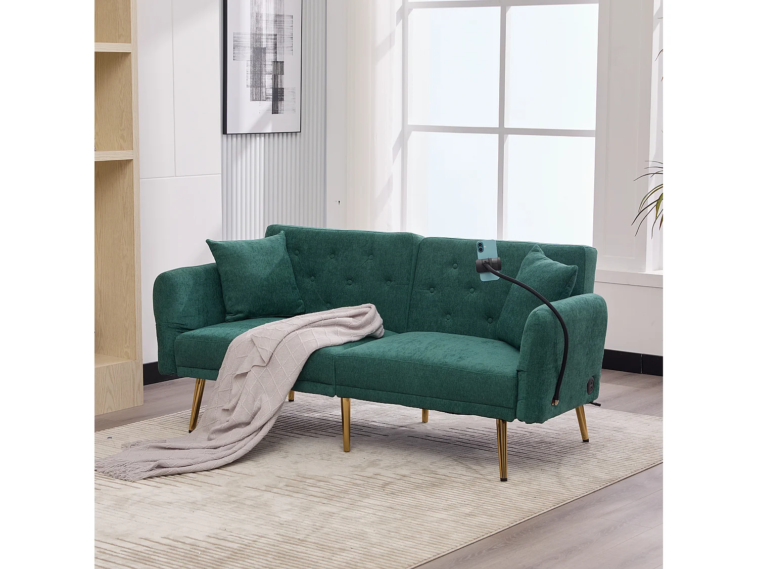 Canapé convertible 173x78x78 cm, dossier 3 positions, 2 ports USB, support téléphone, poche latérale, chenille, vert émeraude