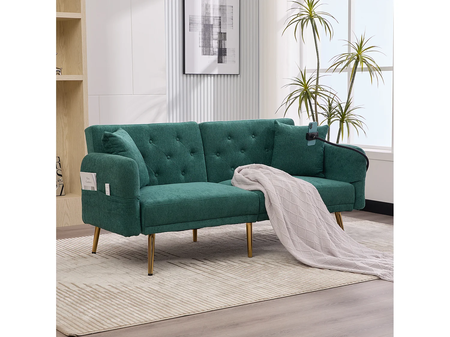 Canapé convertible 173x78x78 cm, dossier 3 positions, 2 ports USB, support téléphone, poche latérale, chenille, vert émeraude