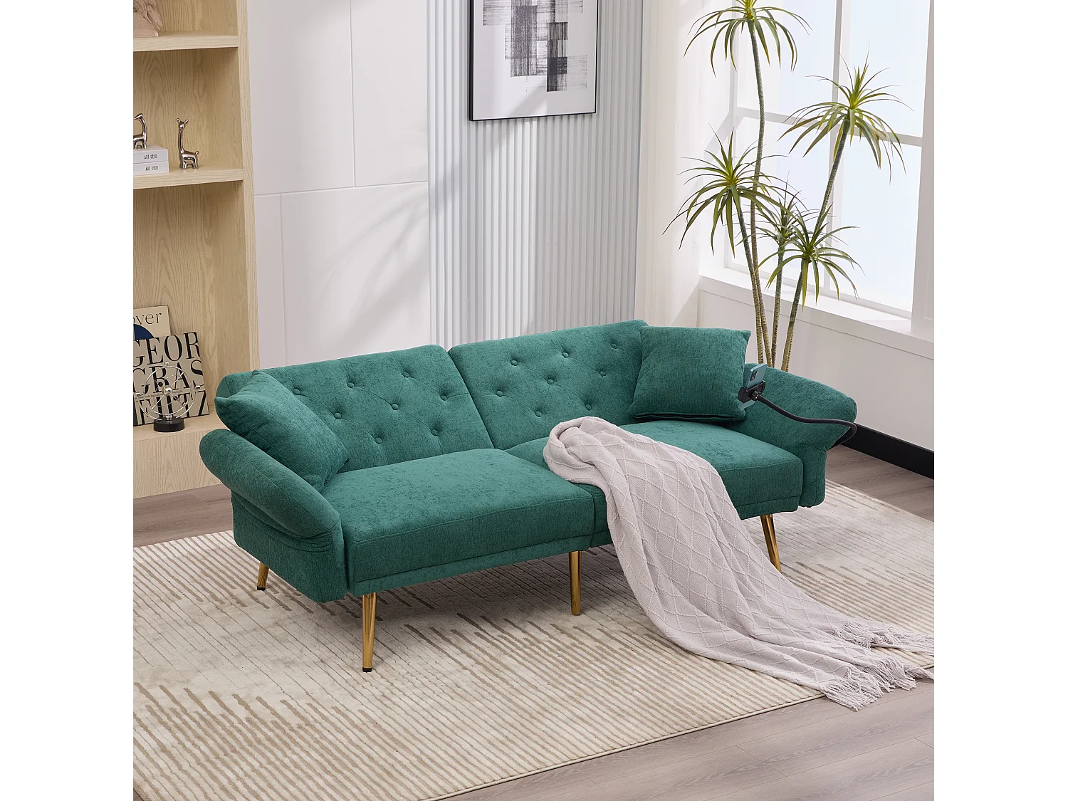 Canapé convertible 173x78x78 cm, dossier 3 positions, 2 ports USB, support téléphone, poche latérale, chenille, vert émeraude