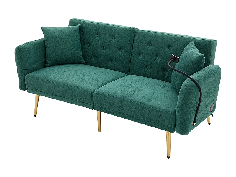 Sofá cama convertible 173x78x78 cm, respaldo 3 posiciones, 2 puertos USB, soporte para teléfono, bolsillo lateral, chenilla, verde esmeralda