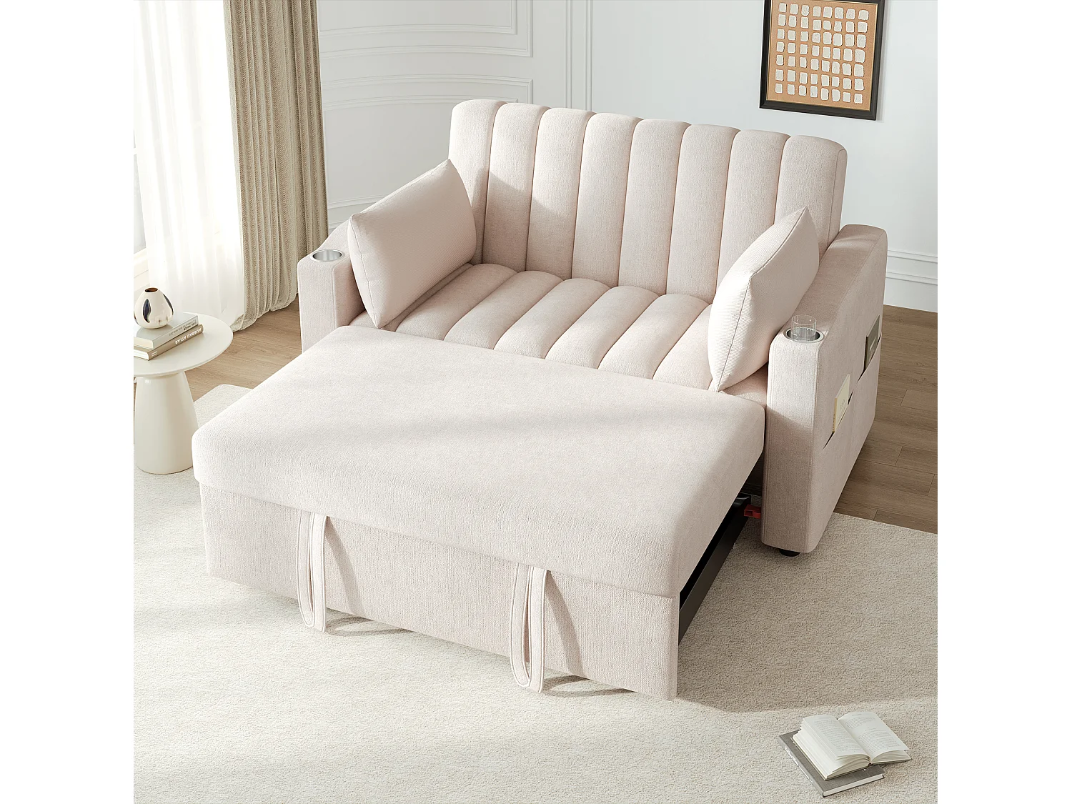 Canapé lit convertible style moderne multifme tissu coton et lin idéal pour salon appartement beige