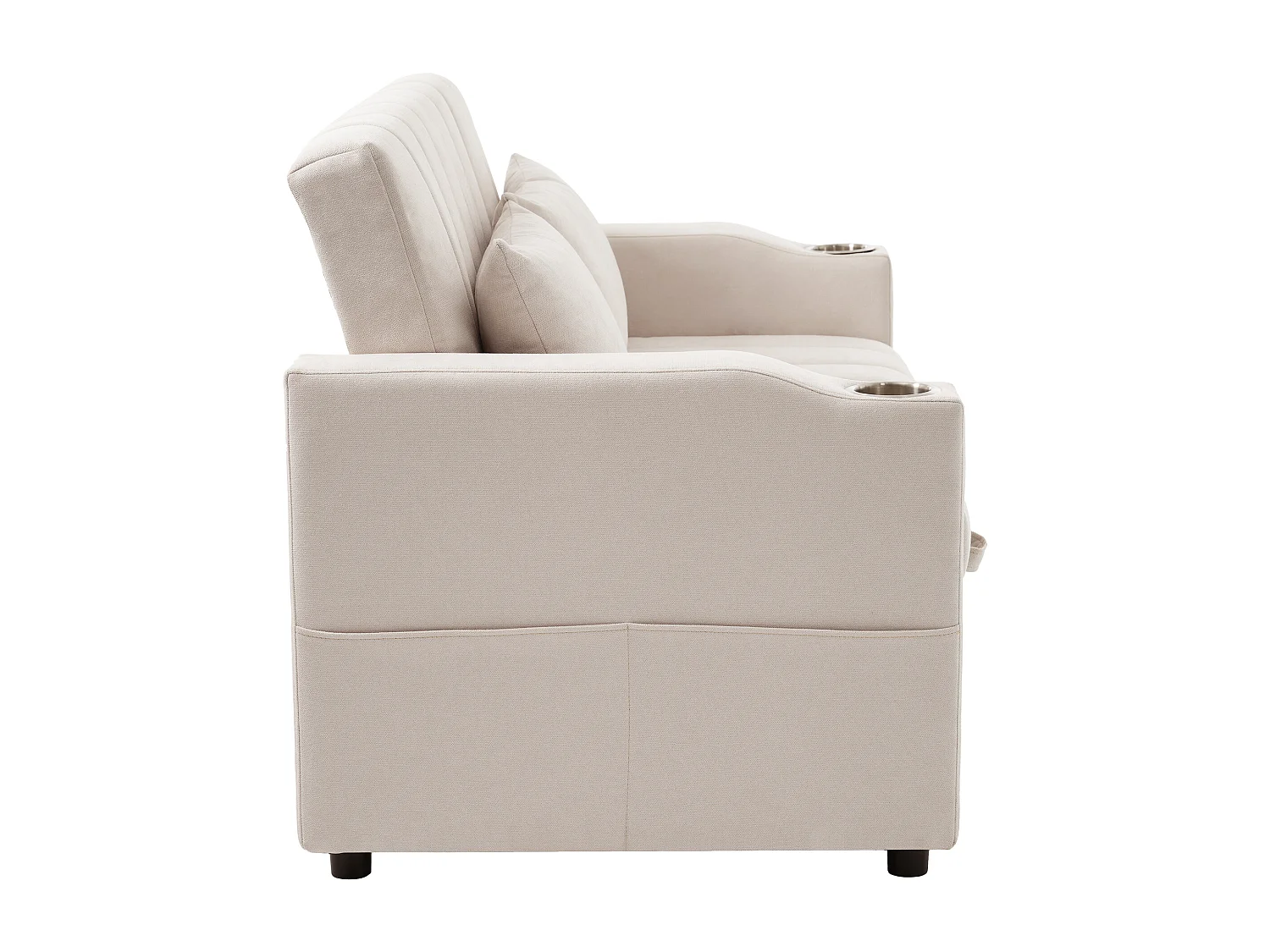 Canapé convertible 136x162x84 cm, dossier 3 positions, porte gobelets, poches latérales, coton lin beige