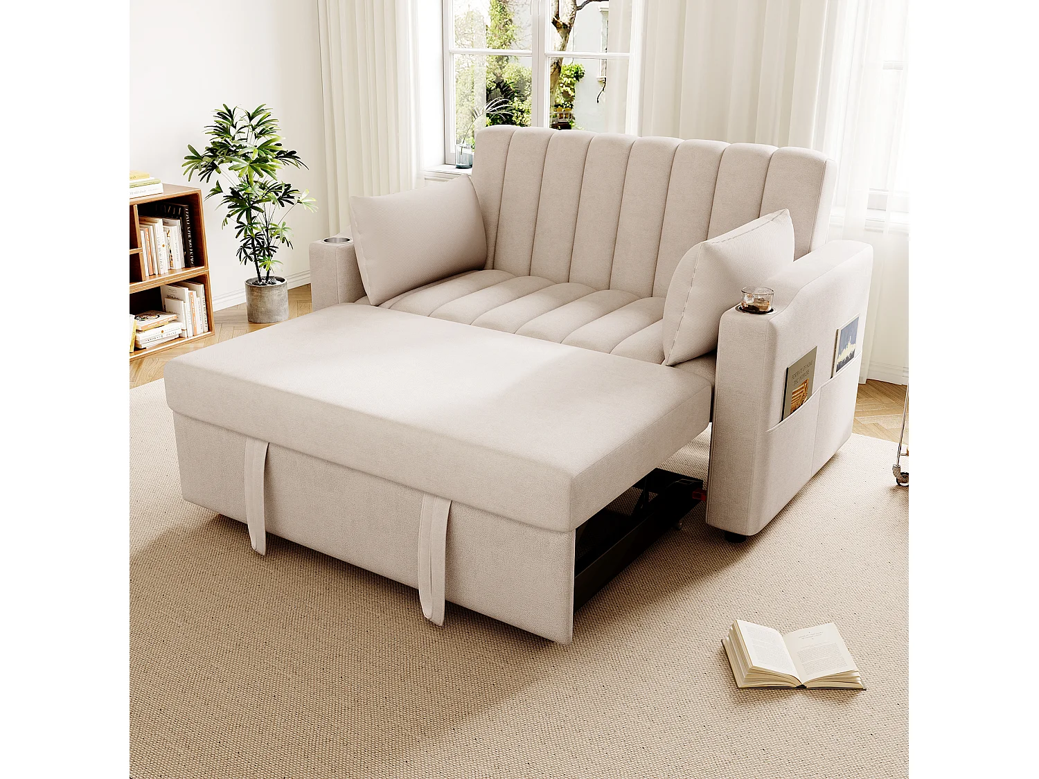 Canapé convertible 136x162x84 cm, dossier 3 positions, porte gobelets, poches latérales, coton lin beige