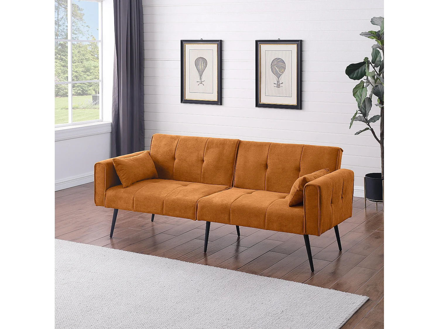 Canapé-lit meuble convertible Structure bois Style minimal Fonction modulable Tissu Jaune Pour petit espace