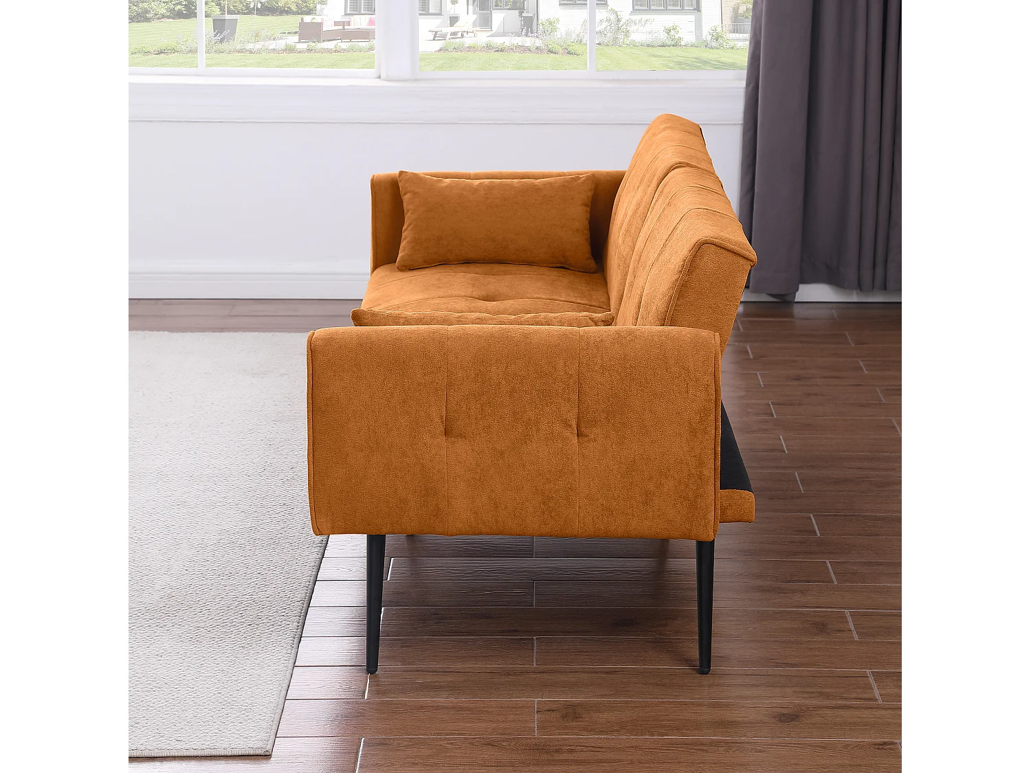 Canapé-lit meuble convertible Structure bois Style minimal Fonction modulable Tissu Jaune Pour petit espace