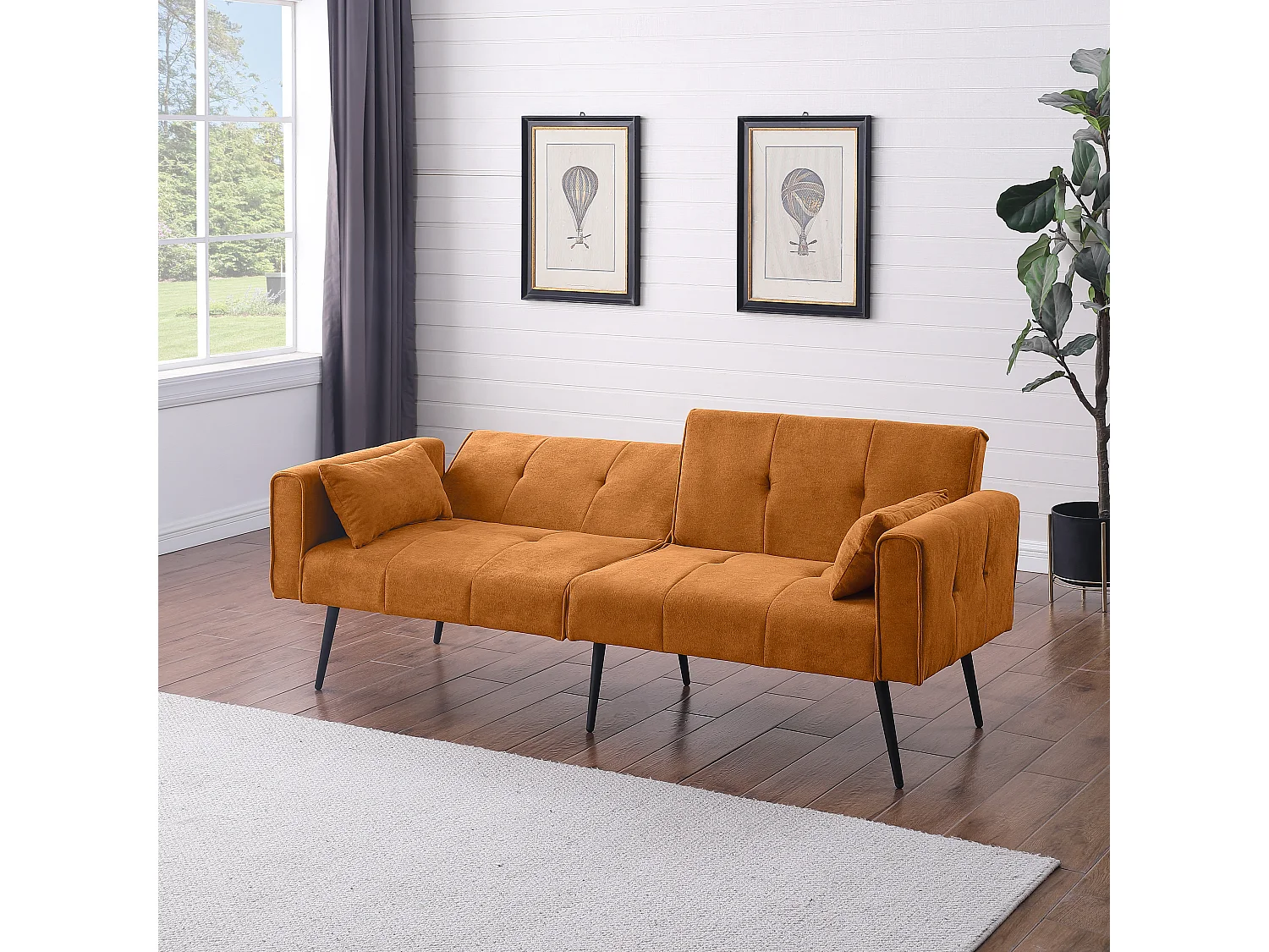 Canapé-lit meuble convertible Structure bois Style minimal Fonction modulable Tissu Jaune Pour petit espace